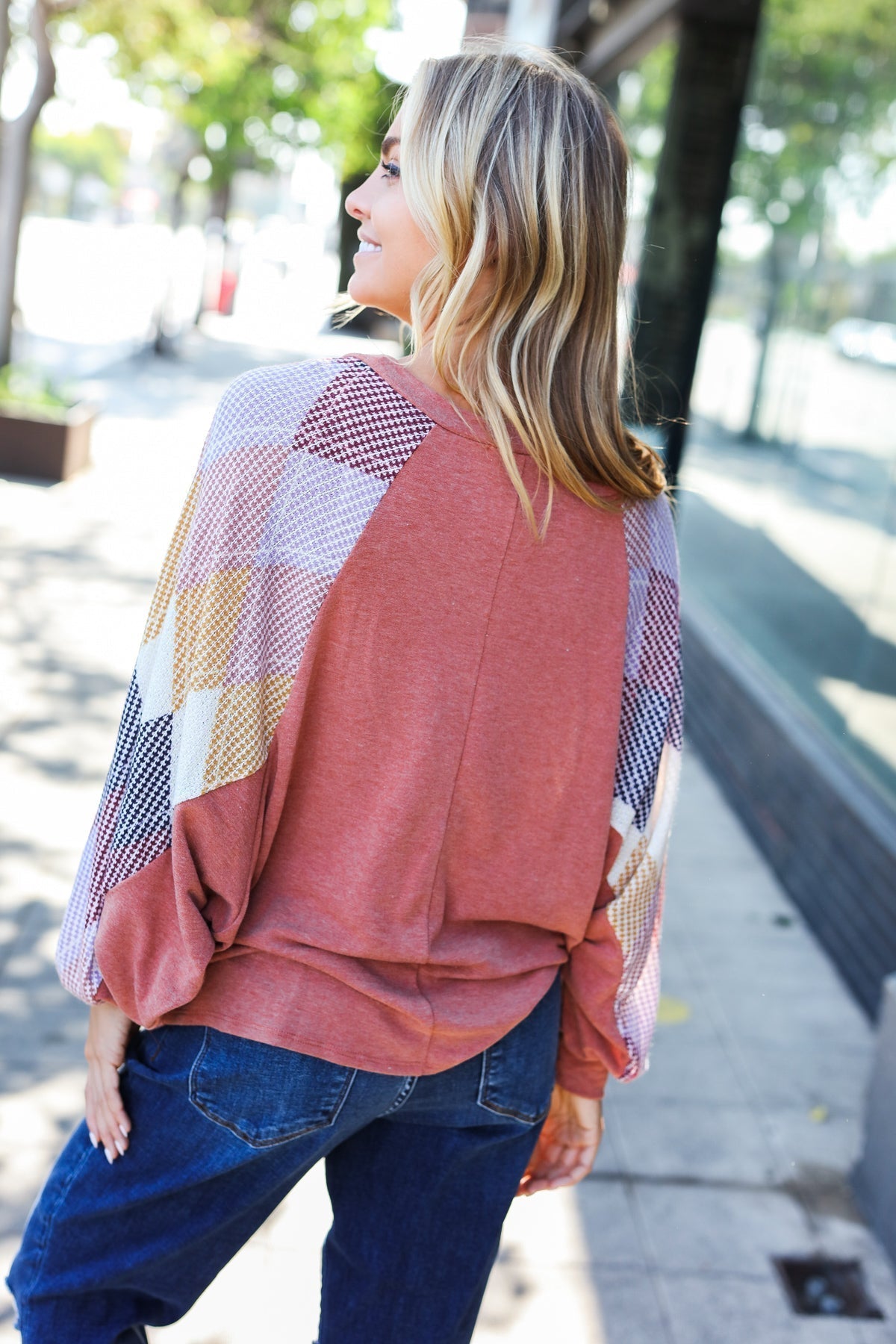 Larisa | Weekend Ready Rust Argyle V-Neck Dolman Top