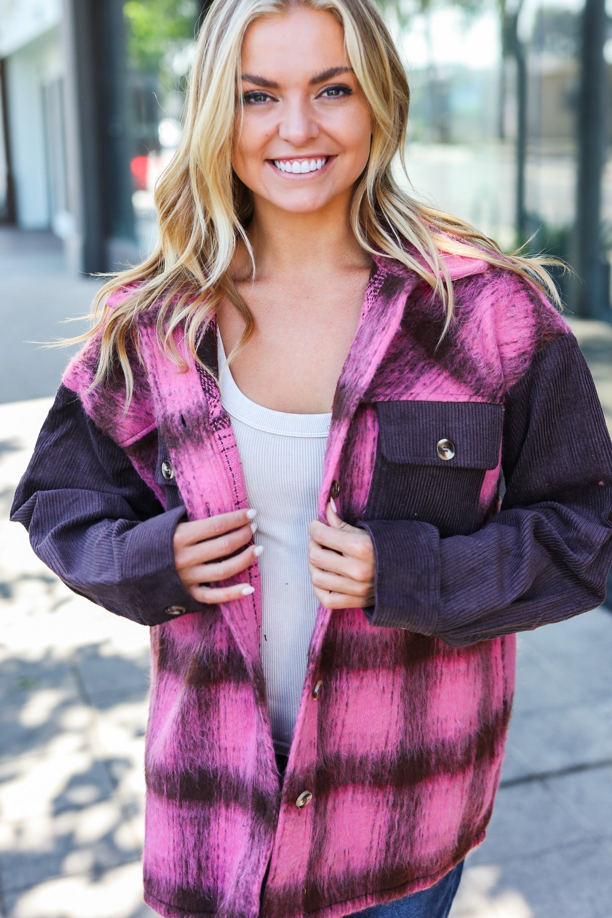 Salomé | Spread Joy pink and brown checked corduroy fuzzy jacket with button placket