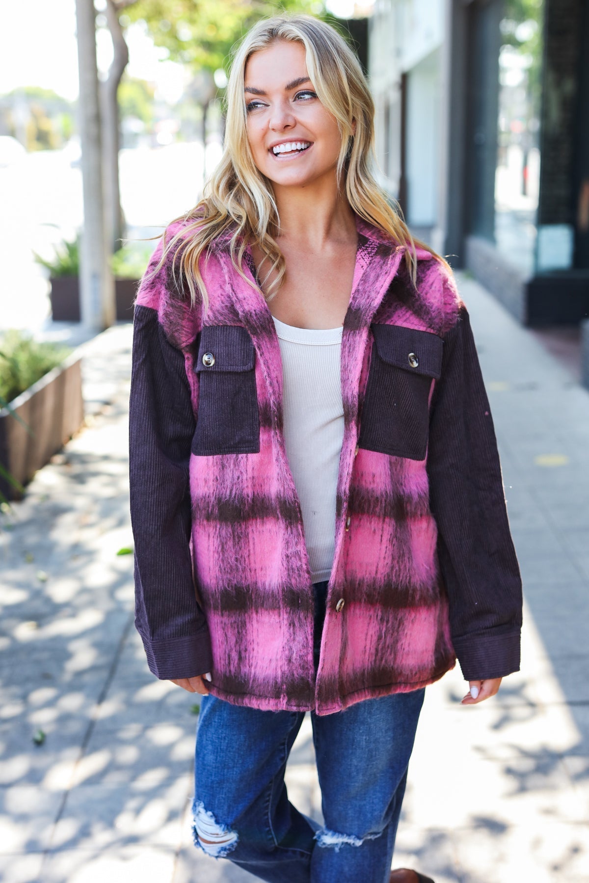 Salomé | Spread Joy pink and brown checked corduroy fuzzy jacket with button placket