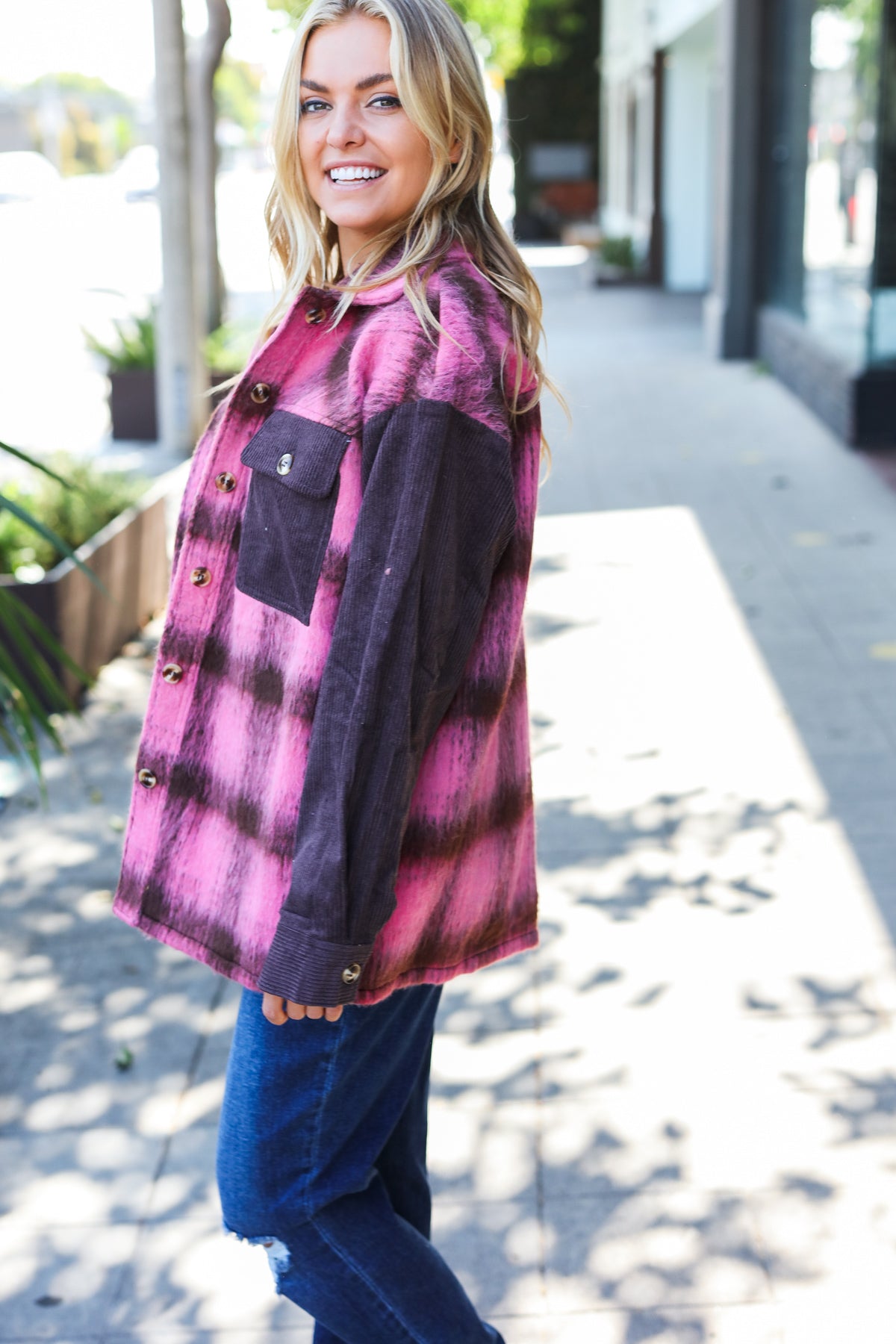 Salomé | Spread Joy pink and brown checked corduroy fuzzy jacket with button placket