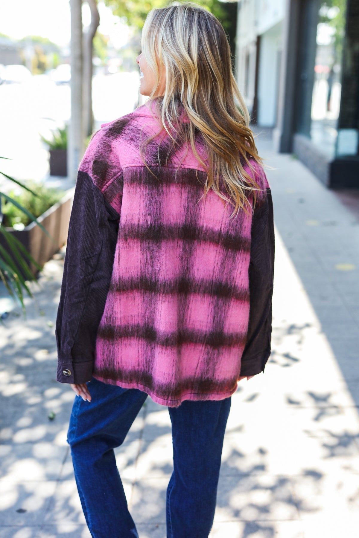 Salomé | Spread Joy pink and brown checked corduroy fuzzy jacket with button placket