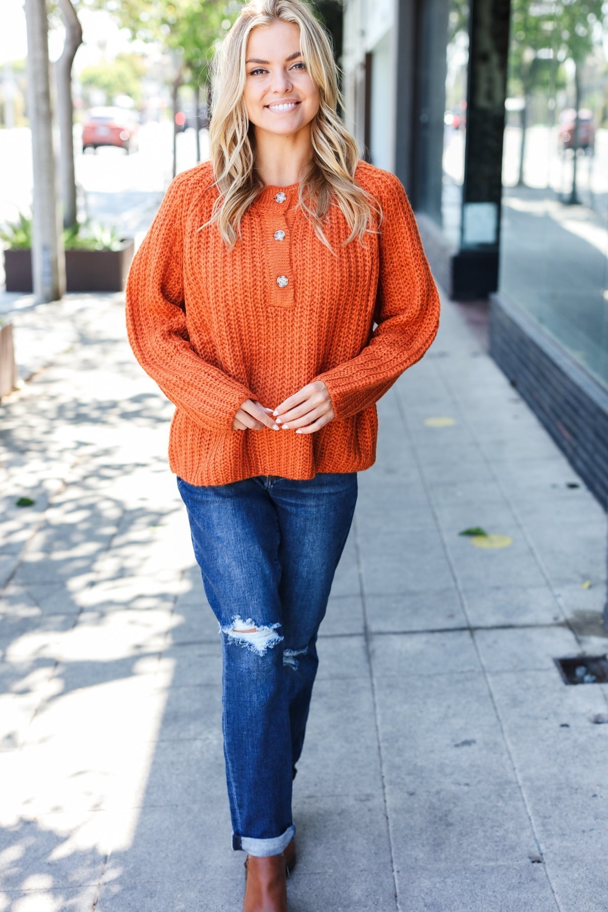 Hannah | Casual Days Rust Loose Knit Henley Button Jumper