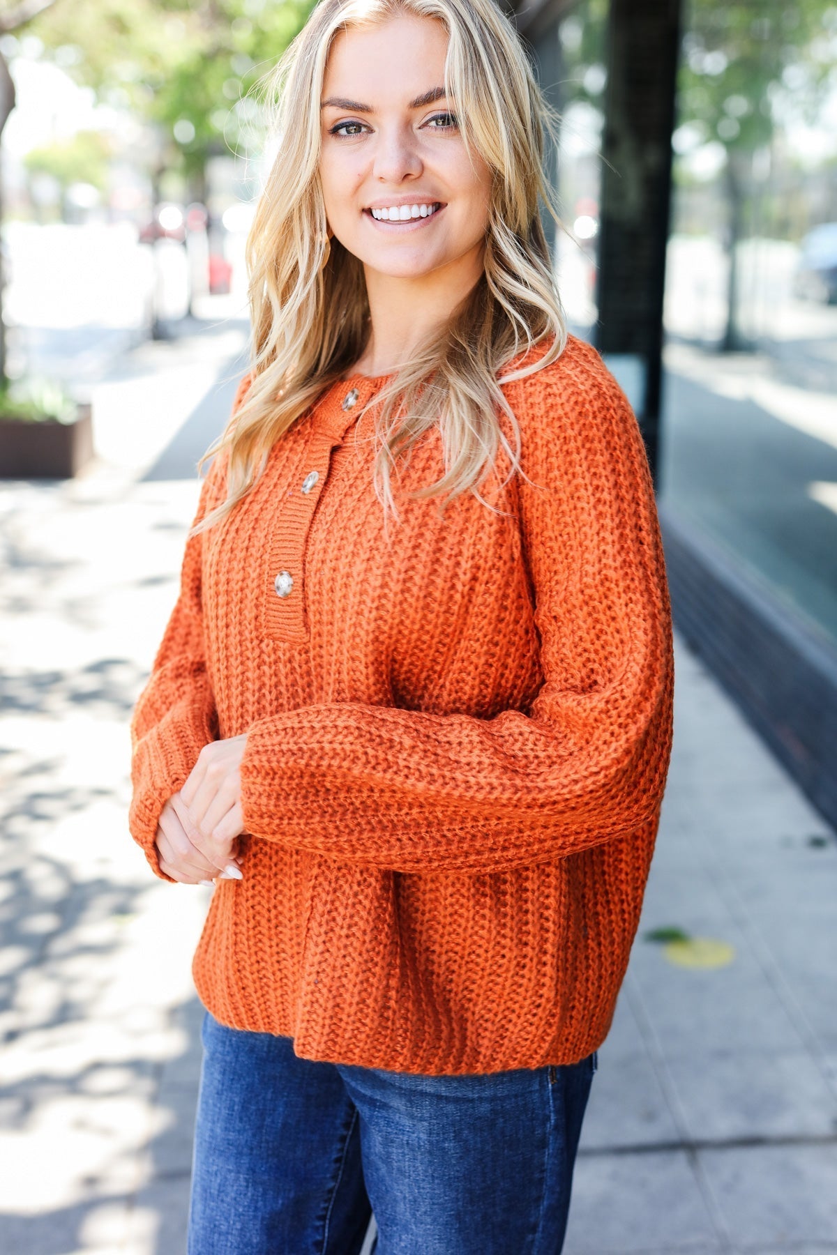 Hannah | Casual Days Rust Loose Knit Henley Button Jumper