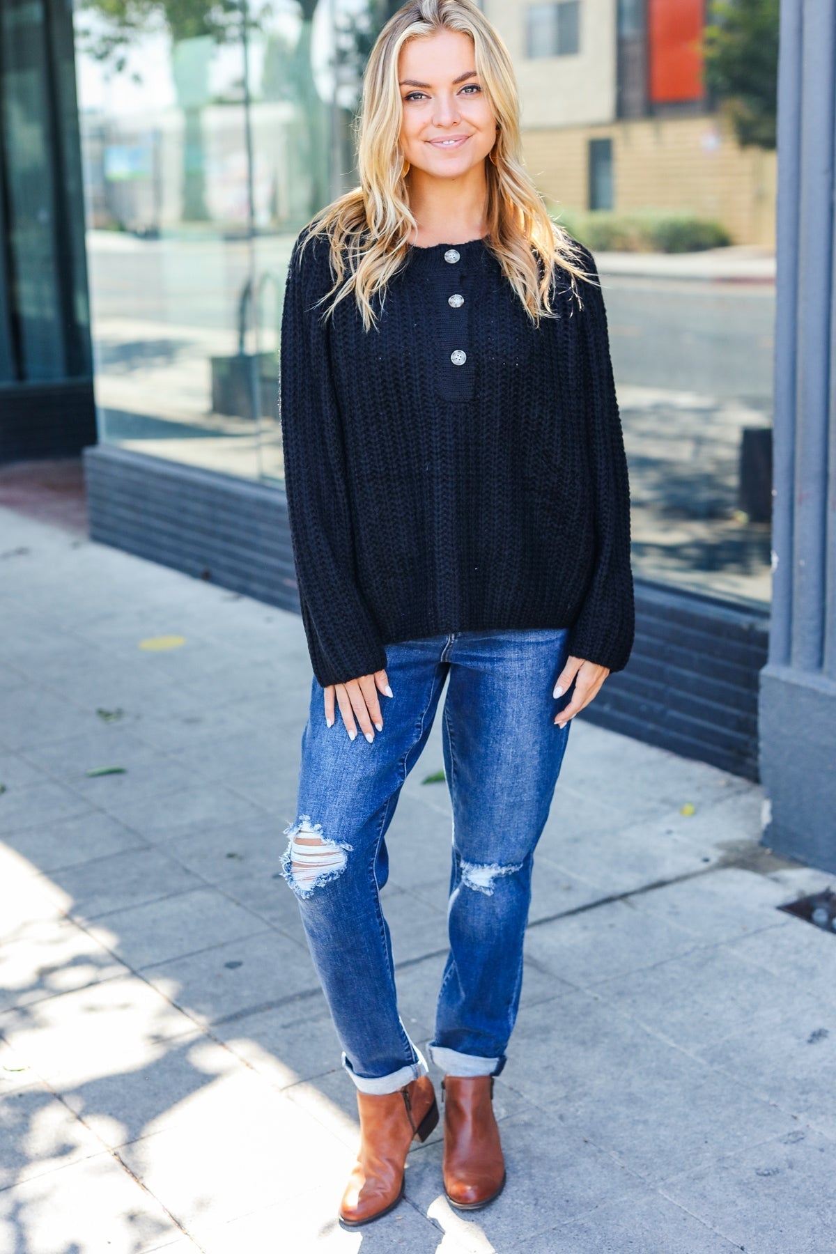 Pink | Casual Living Black Loose Knit Henley Button Jumper