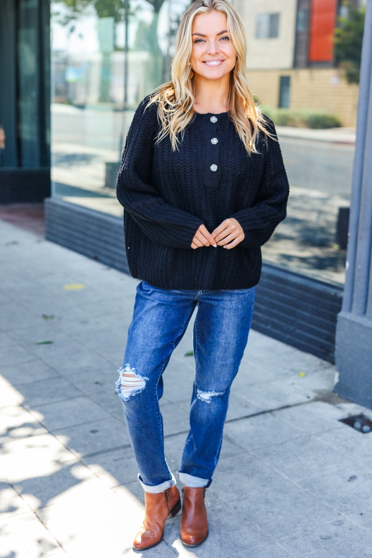 Pink | Casual Living Black Loose Knit Henley Button Jumper
