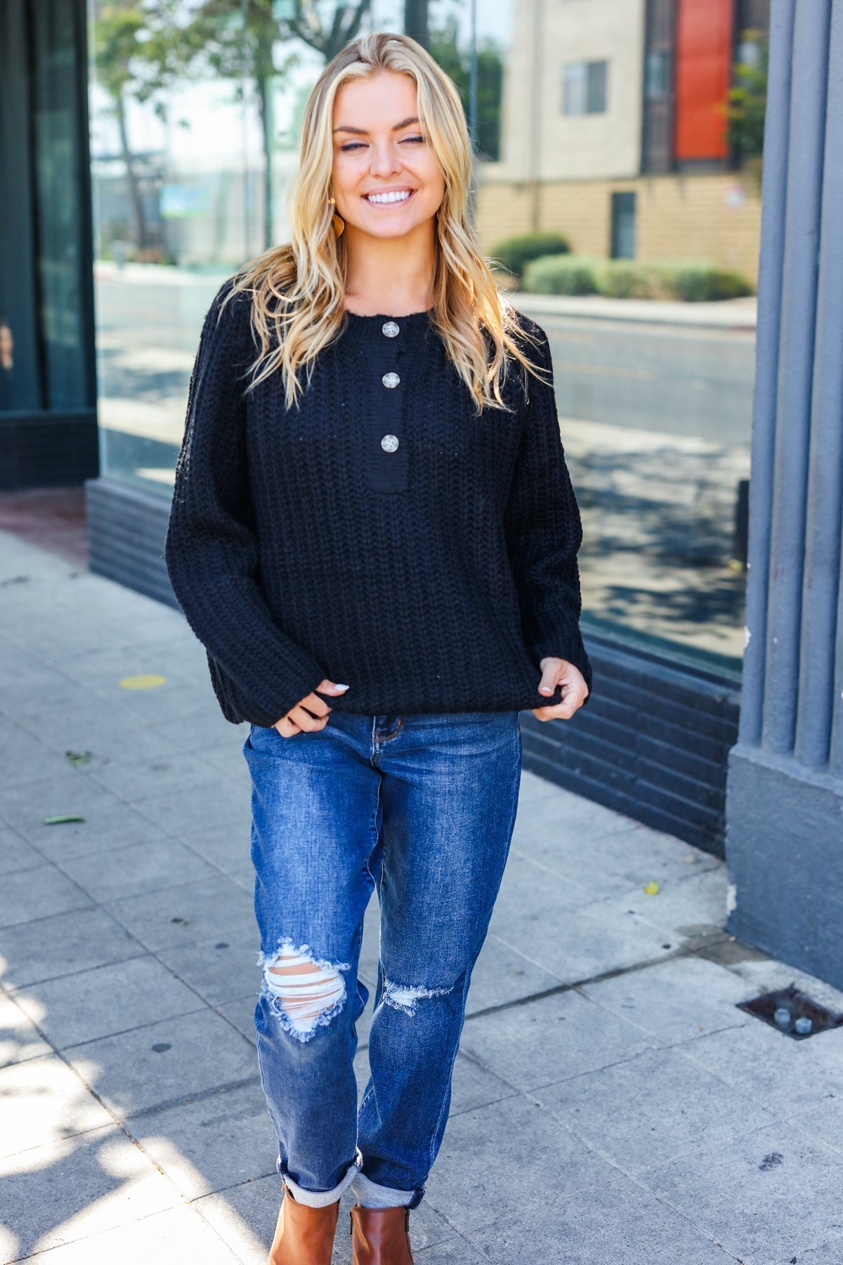 Pink | Casual Living Black Loose Knit Henley Button Jumper