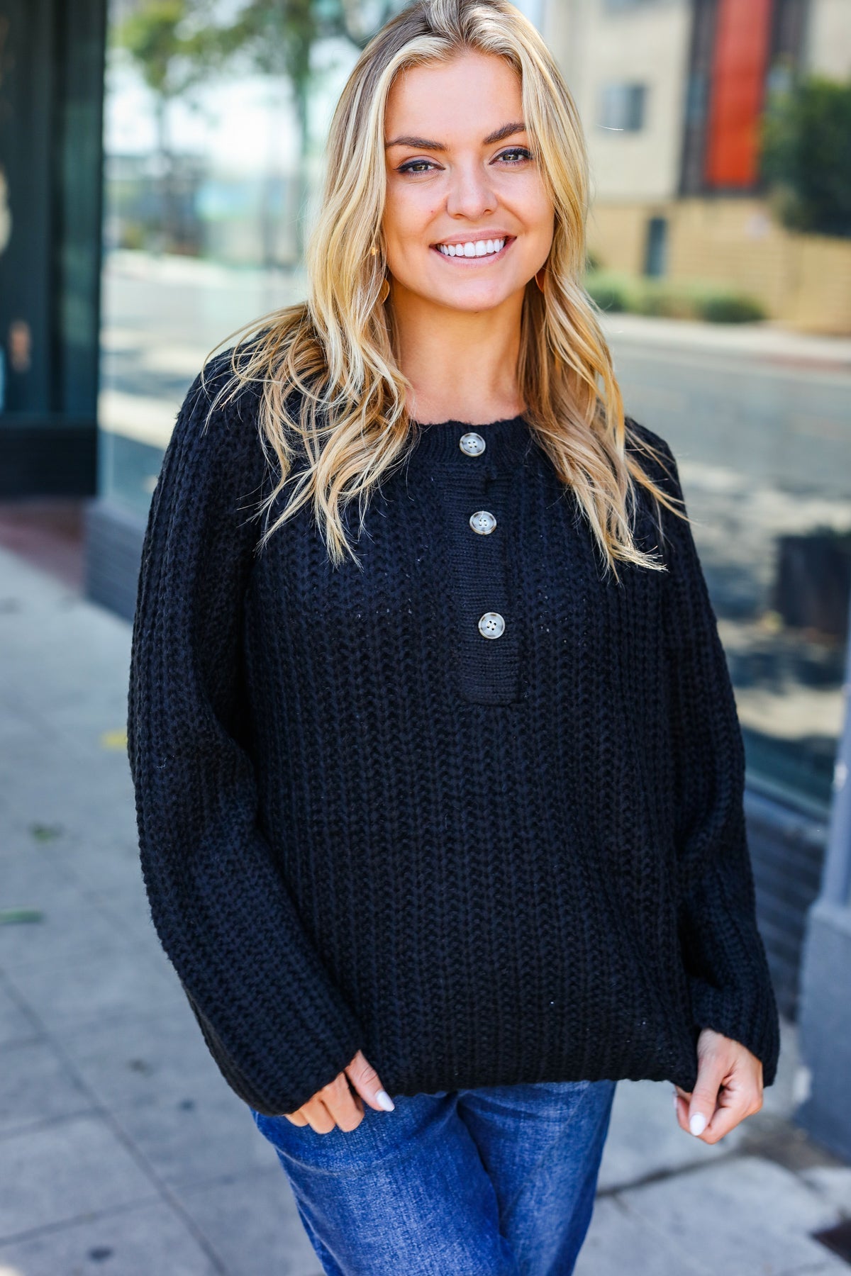 Pink | Casual Living Black Loose Knit Henley Button Jumper