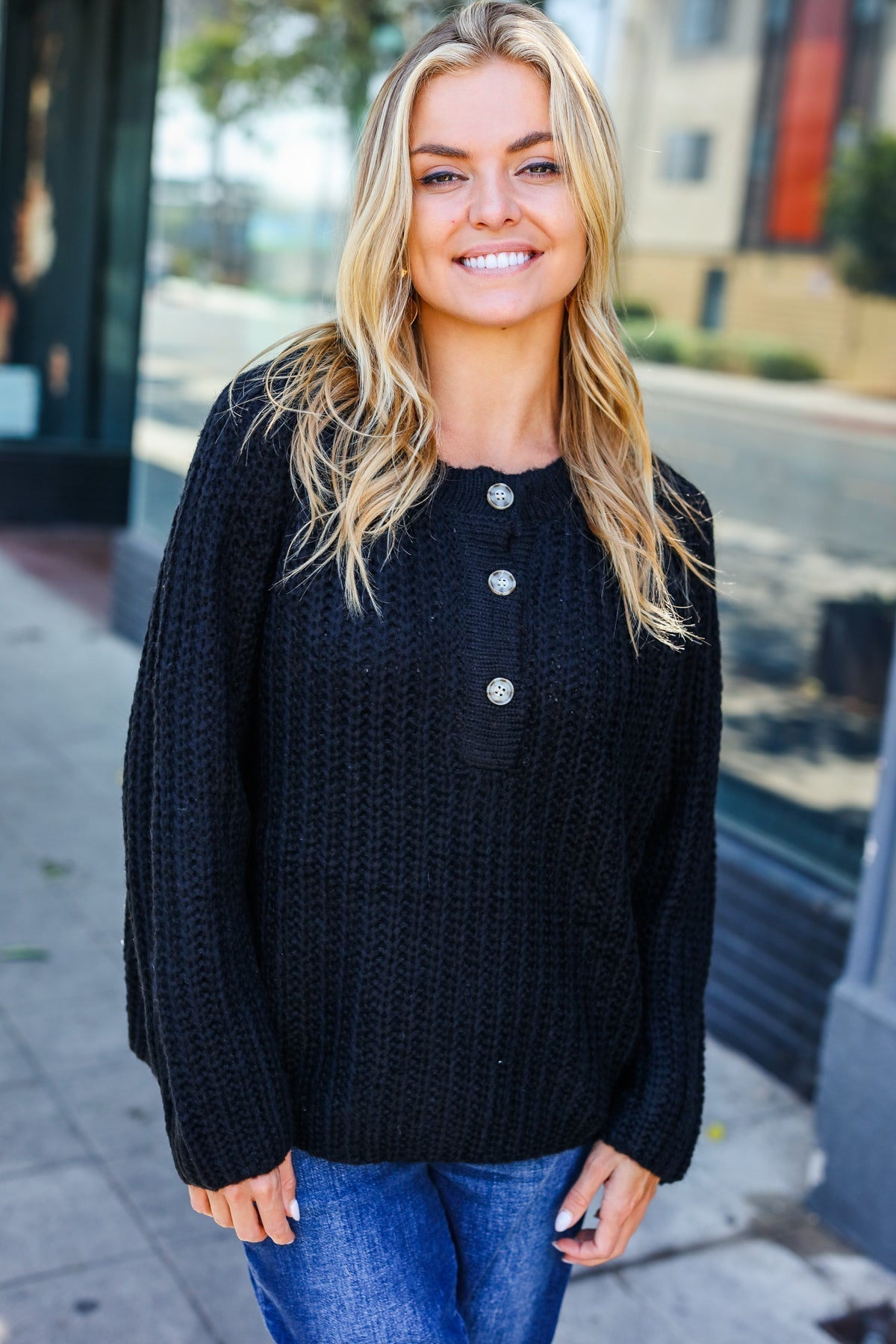 Pink | Casual Living Black Loose Knit Henley Button Jumper