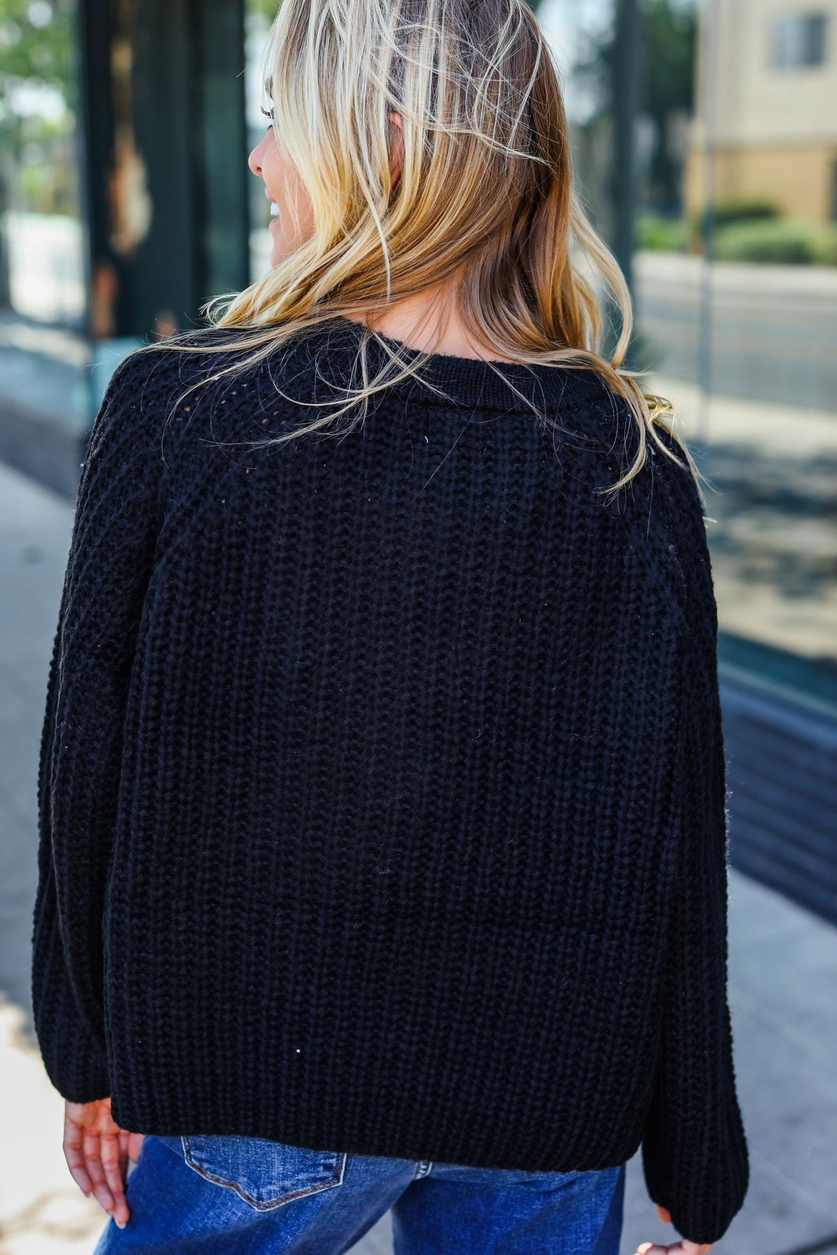 Pink | Casual Living Black Loose Knit Henley Button Jumper
