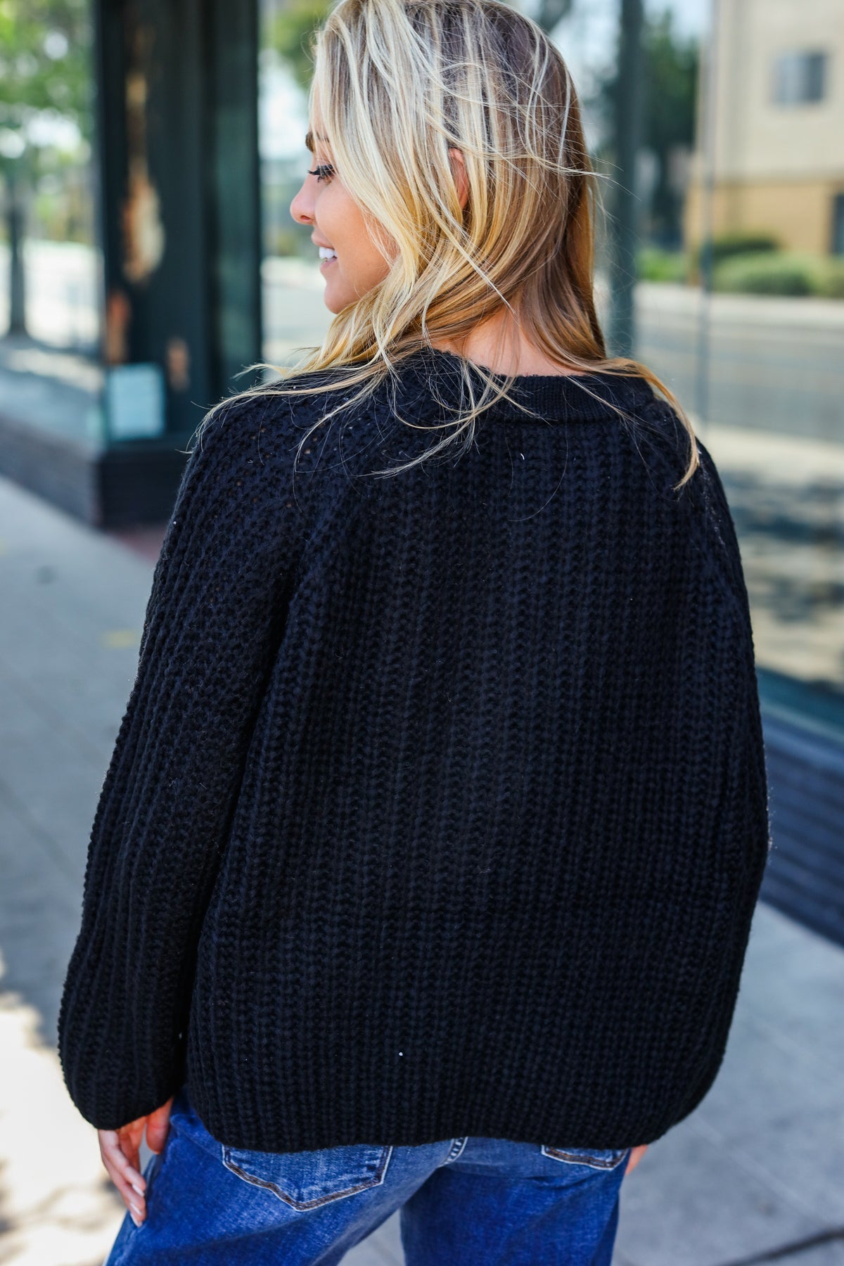 Pink | Casual Living Black Loose Knit Henley Button Jumper