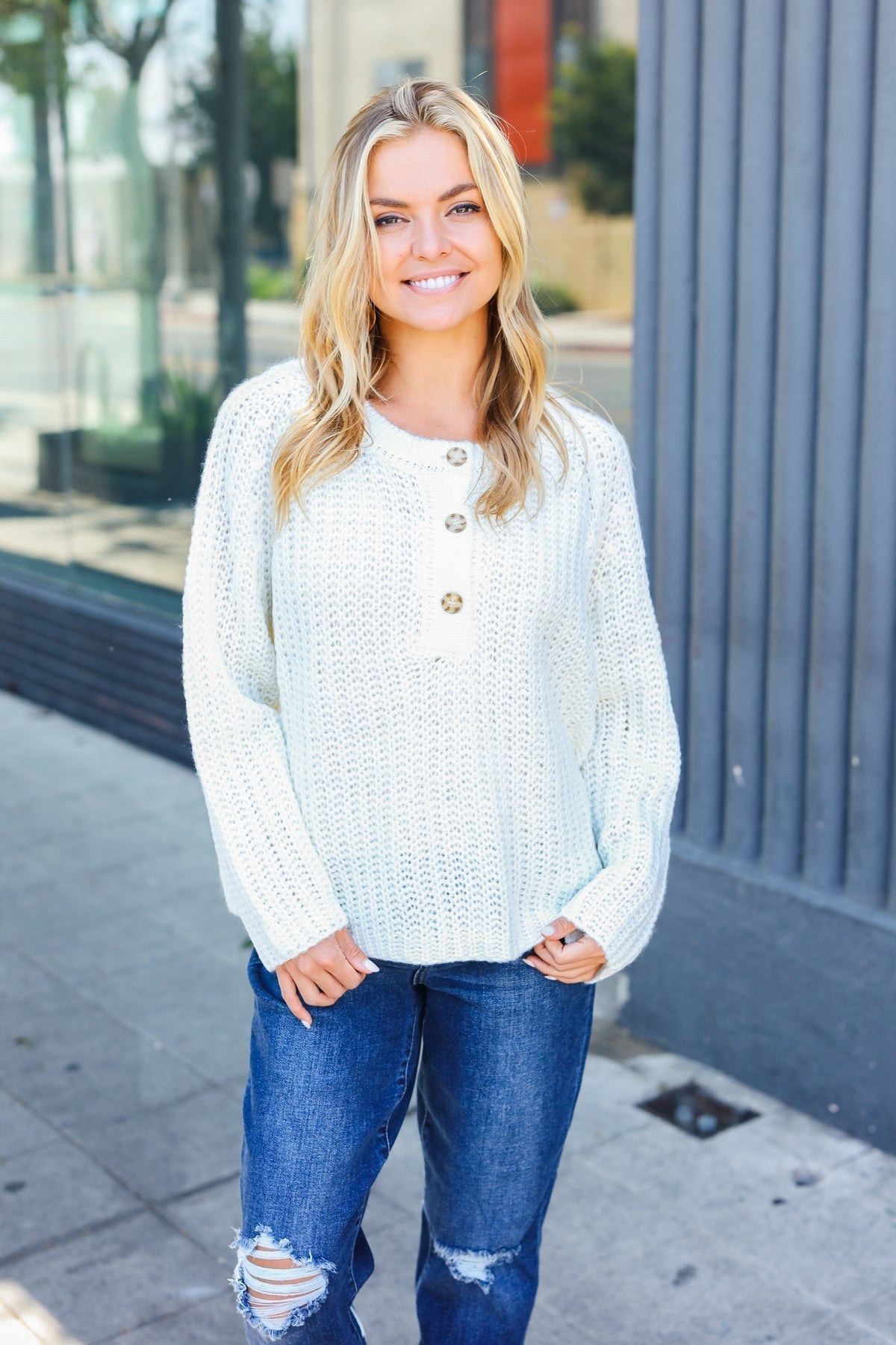 Karina | White loose knit henley button up sweater