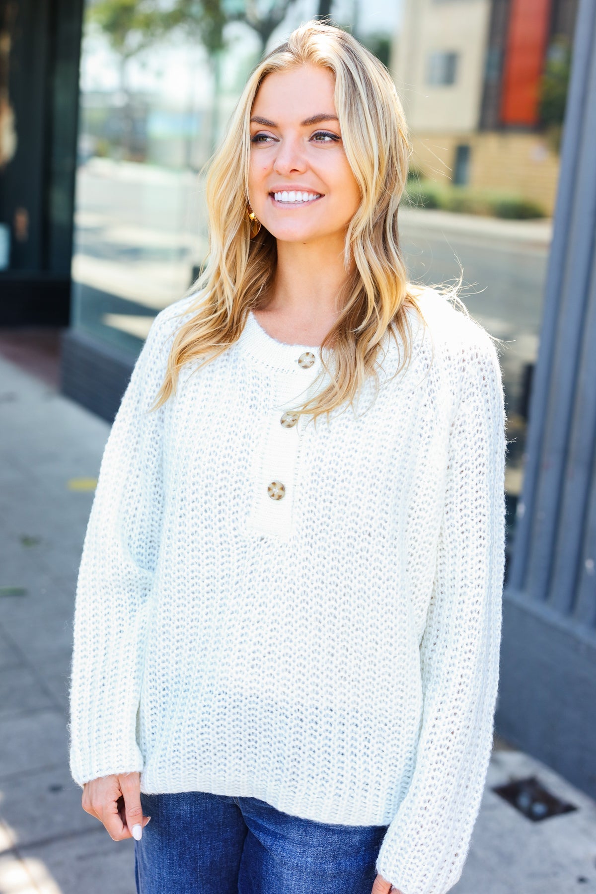 Karina | White loose knit henley button up sweater