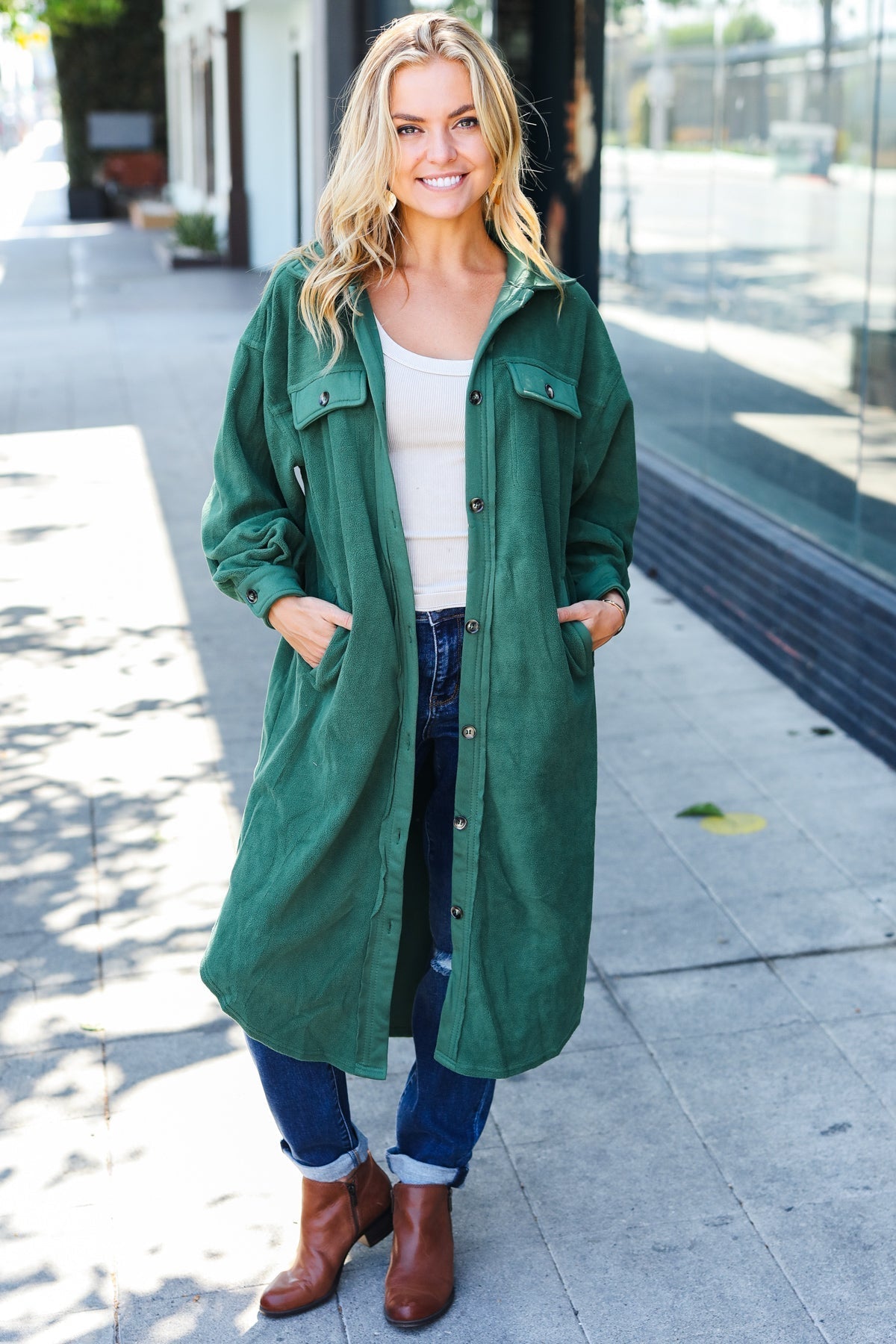 Gertrud | Turn Heads Forest Green Fleece Button Down Duster Jacket