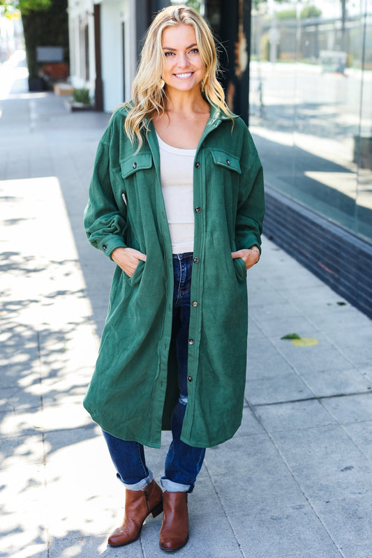 Gertrud | Turn Heads Forest Green Fleece Button Down Duster Jacket