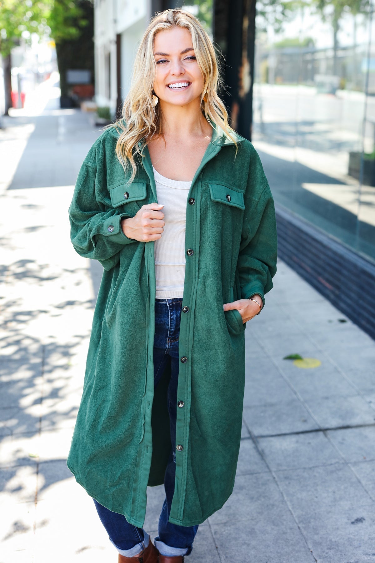 Gertrud | Turn Heads Forest Green Fleece Button Down Duster Jacket