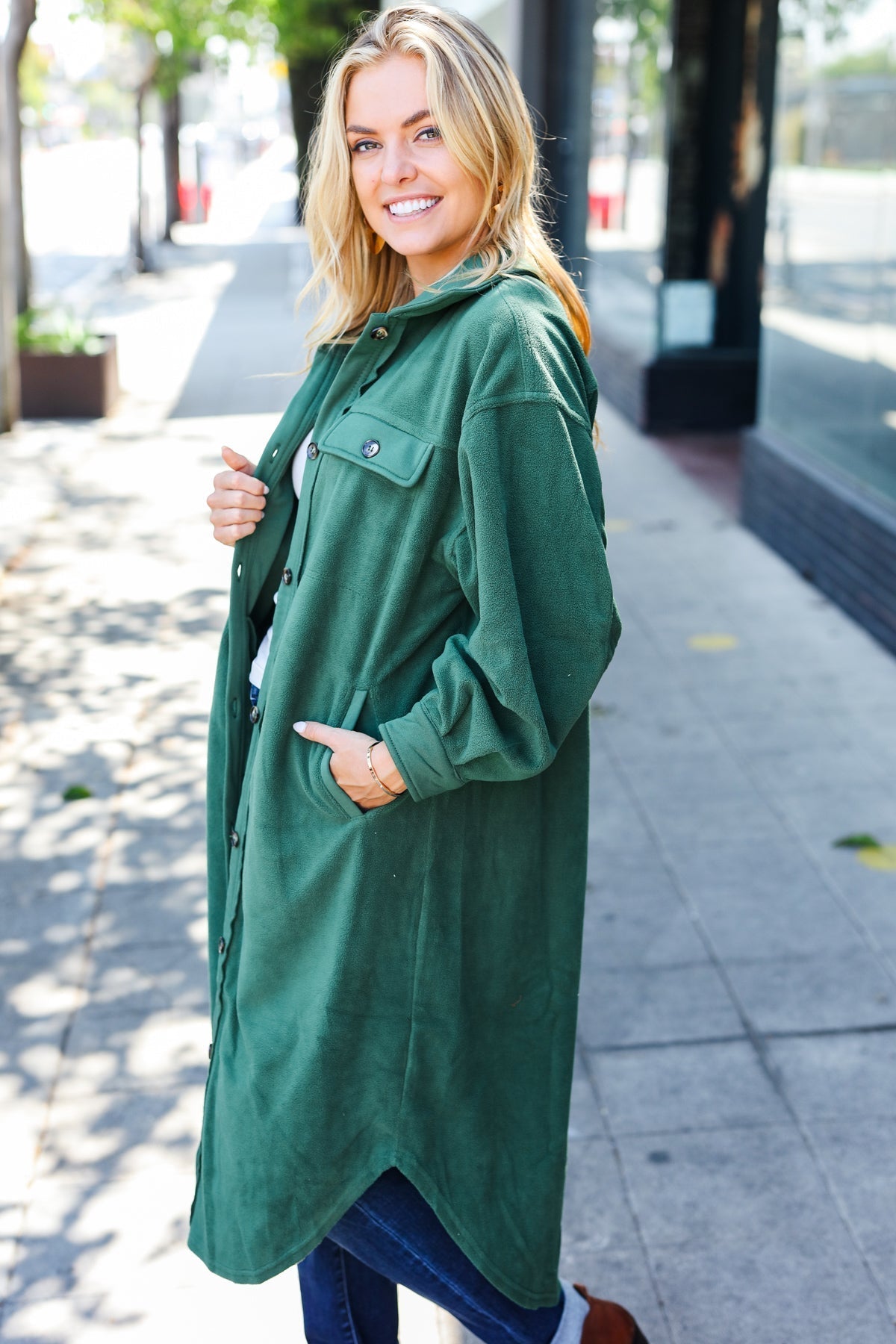 Gertrud | Turn Heads Forest Green Fleece Button Down Duster Jacket