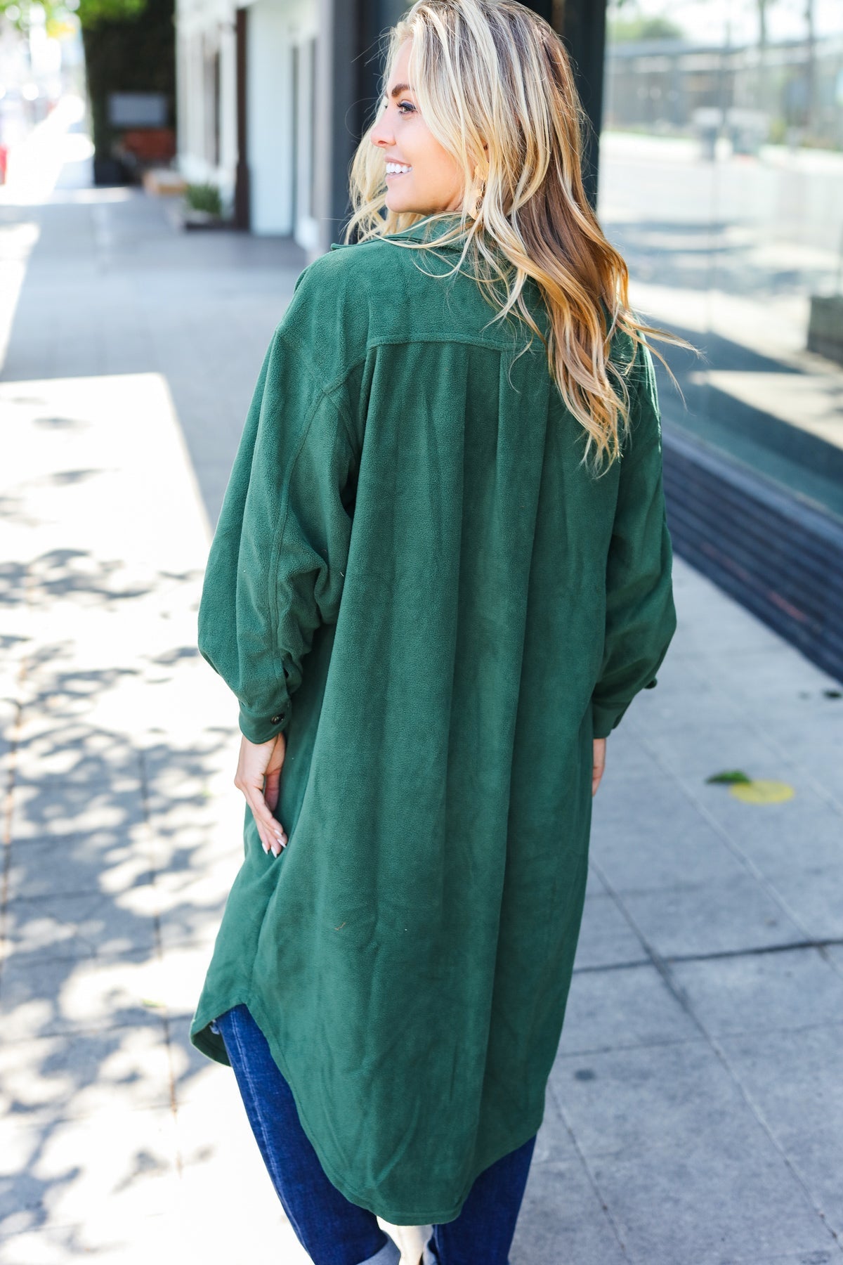 Gertrud | Turn Heads Forest Green Fleece Button Down Duster Jacket
