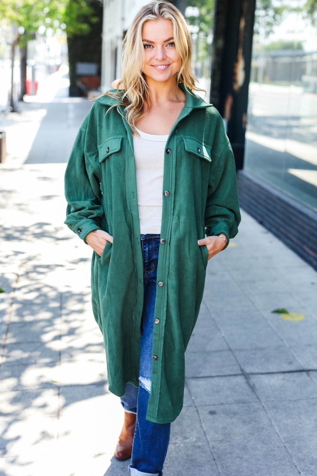 Gertrud | Turn Heads Forest Green Fleece Button Down Duster Jacket