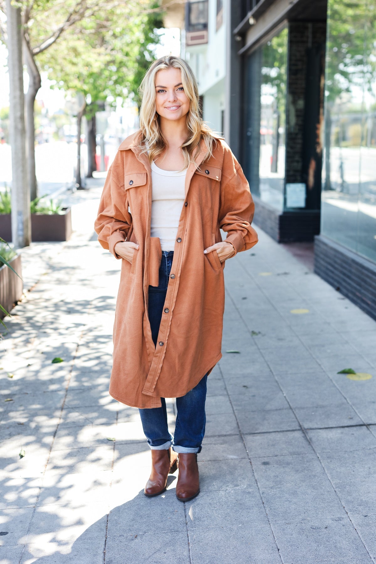 Doris | Turn Heads Camel Fleece Button Down Duster Jacket