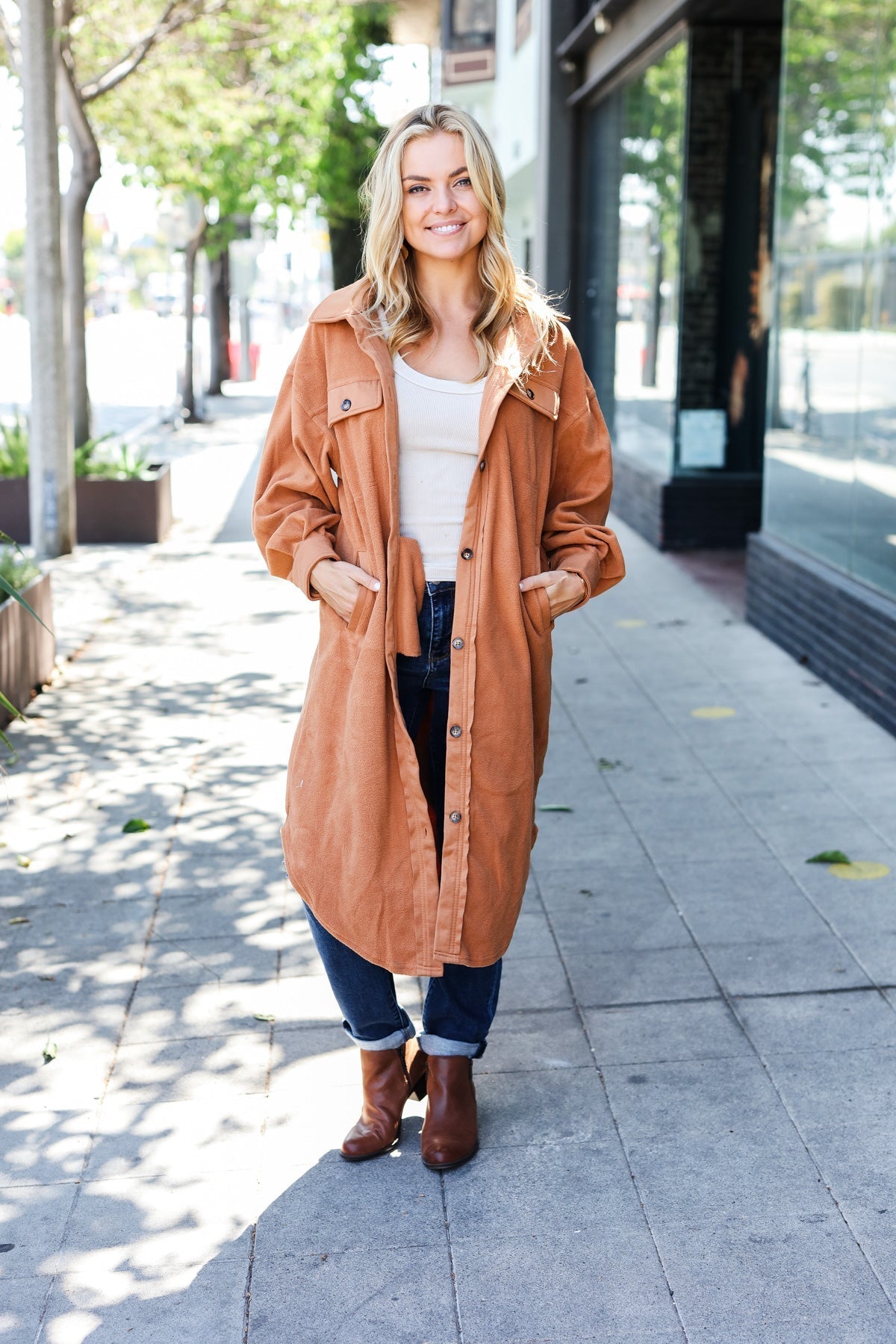 Doris | Turn Heads Camel Fleece Button Down Duster Jacket