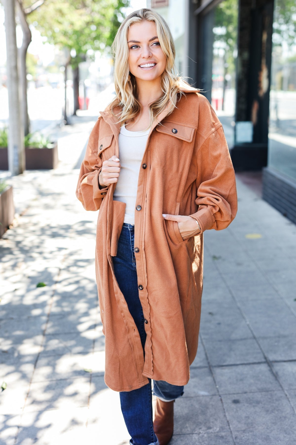 Doris | Turn Heads Camel Fleece Button Down Duster Jacket