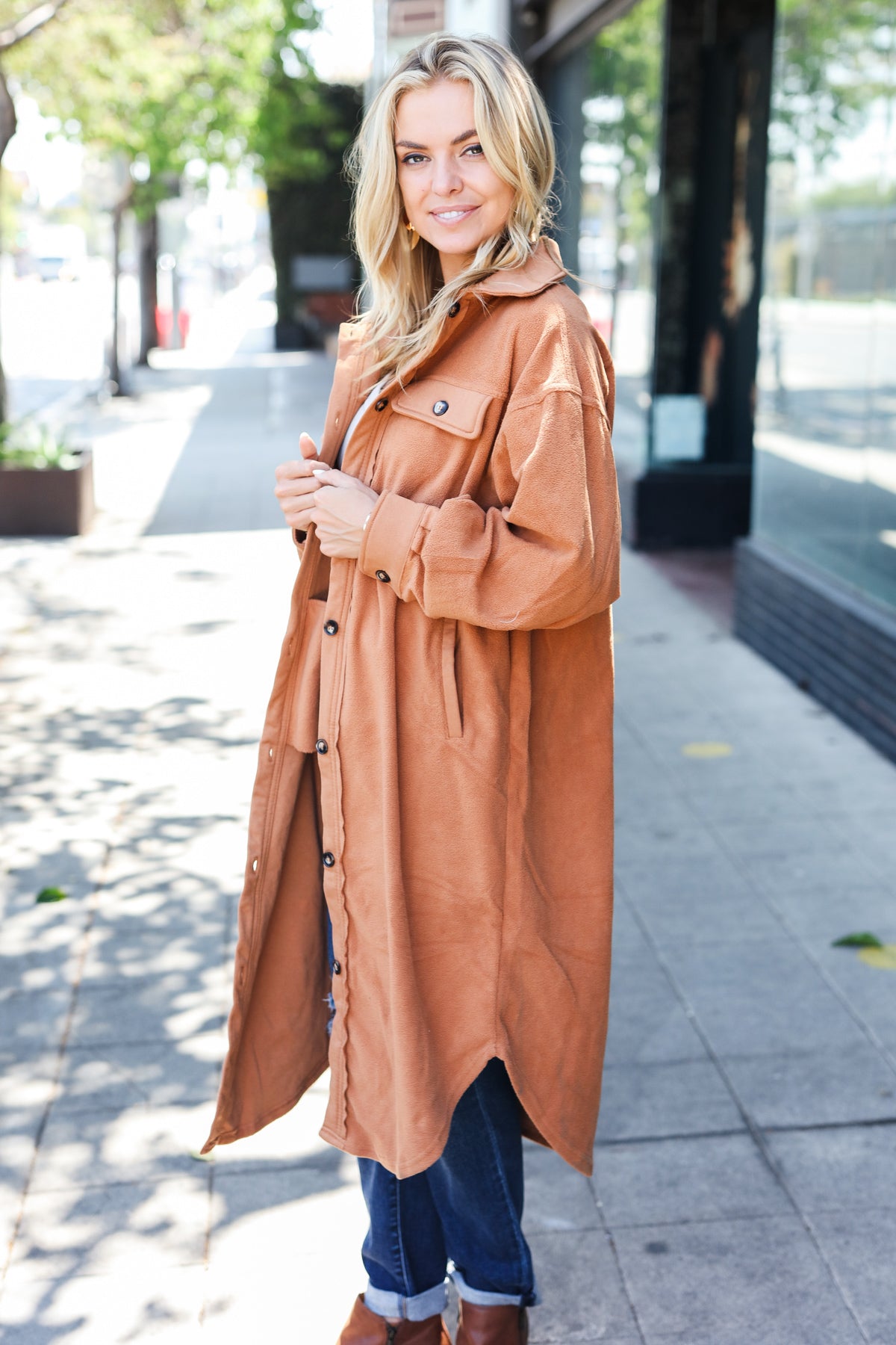 Doris | Turn Heads Camel Fleece Button Down Duster Jacket
