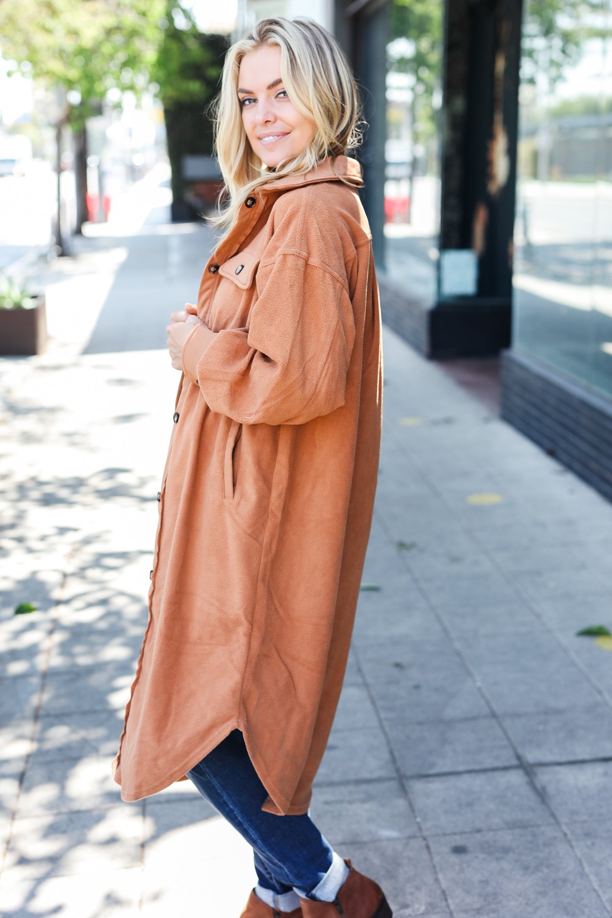 Doris | Turn Heads Camel Fleece Button Down Duster Jacket