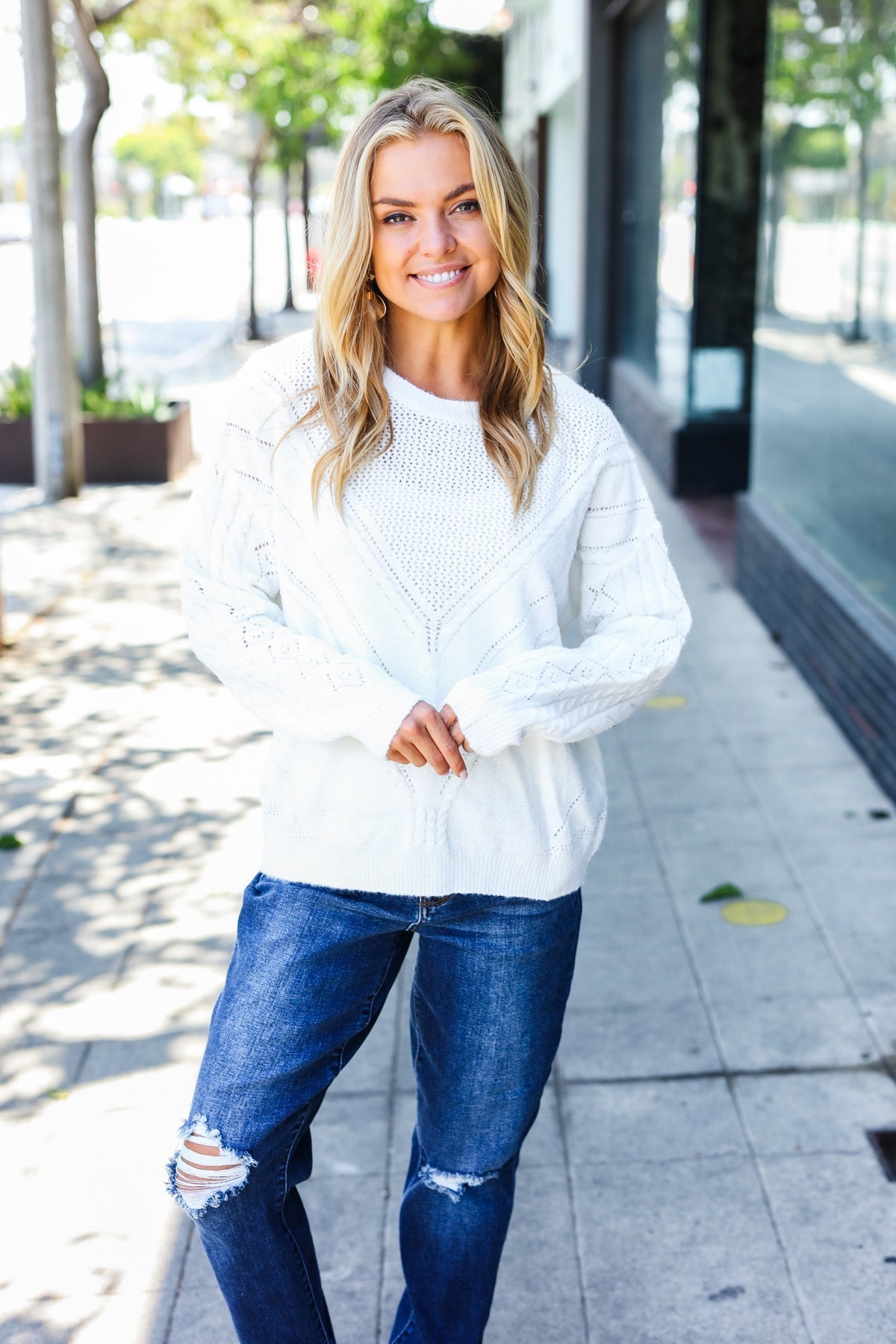 Karina | White loose knit henley button up sweater