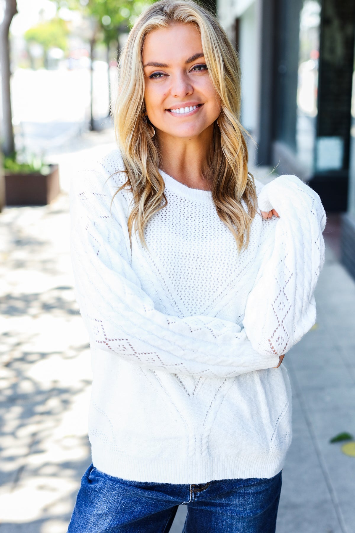 Karina | White loose knit henley button up sweater