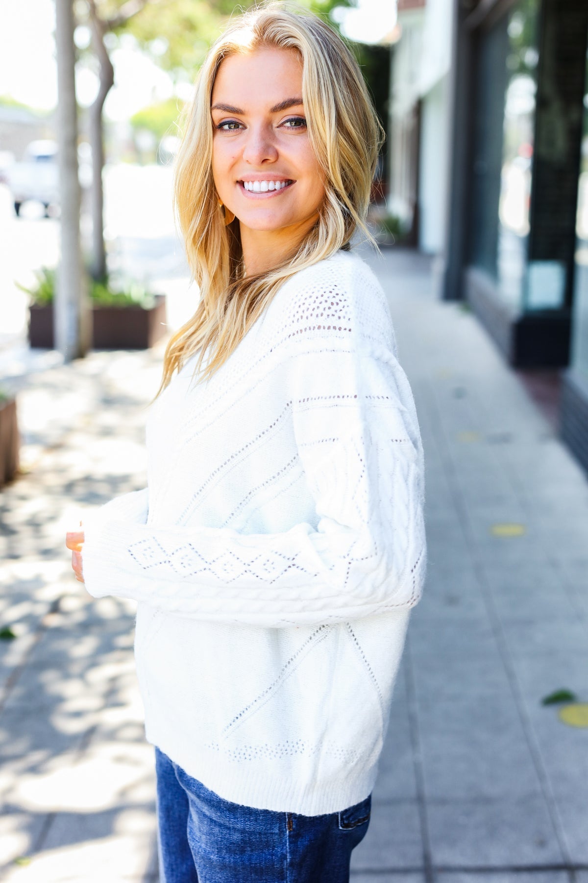 Karina | White loose knit henley button up sweater