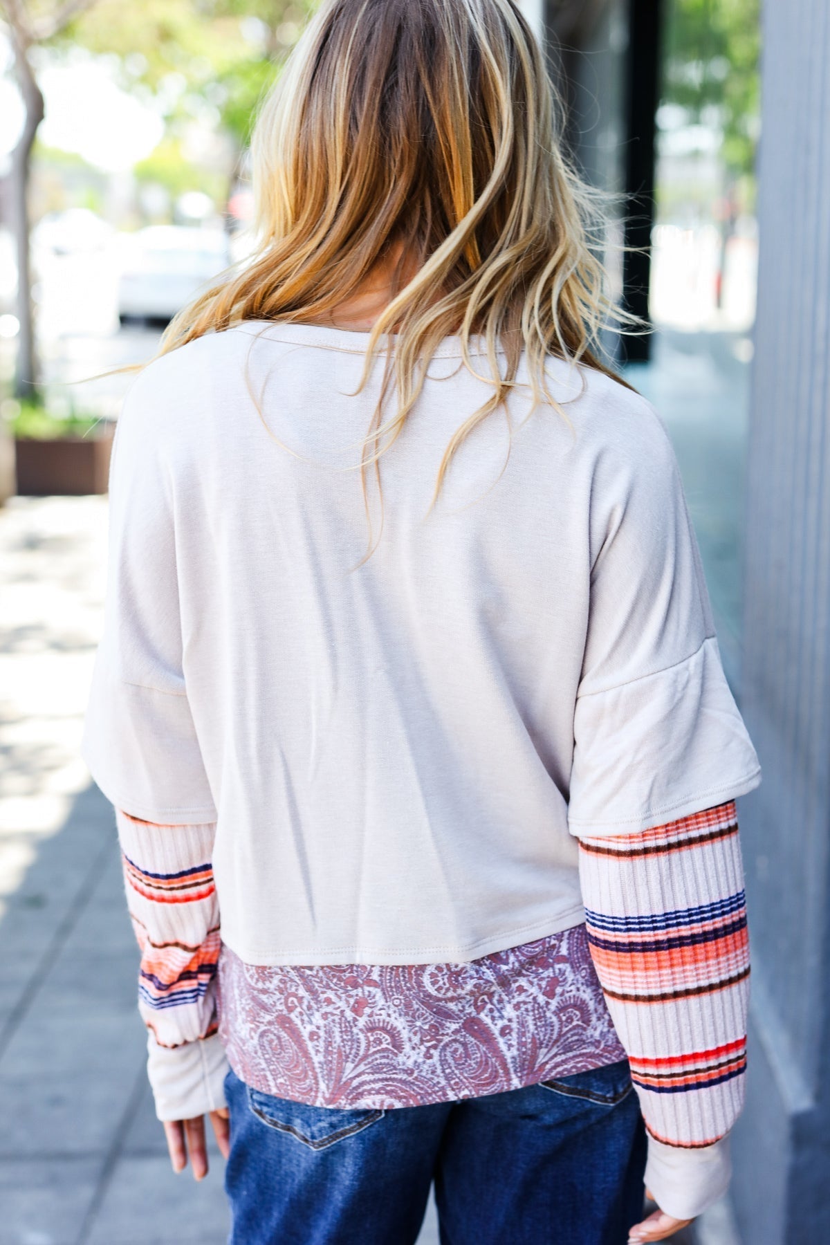 Beatrice | Boho Energy Taupe Stripe & Paisley Twofer Terry Top