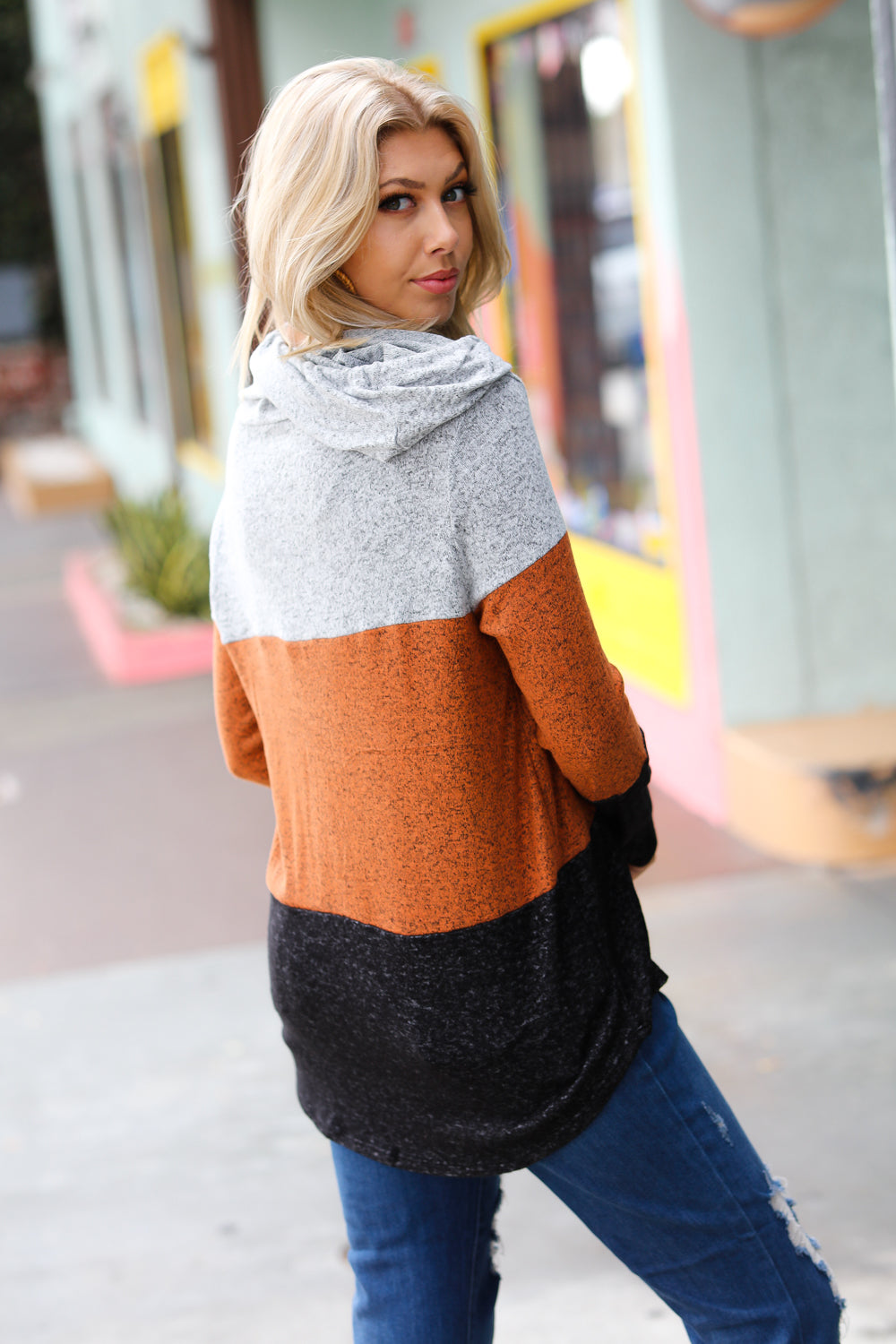 Claudia | Heather Gray & Rust color block hoodie top