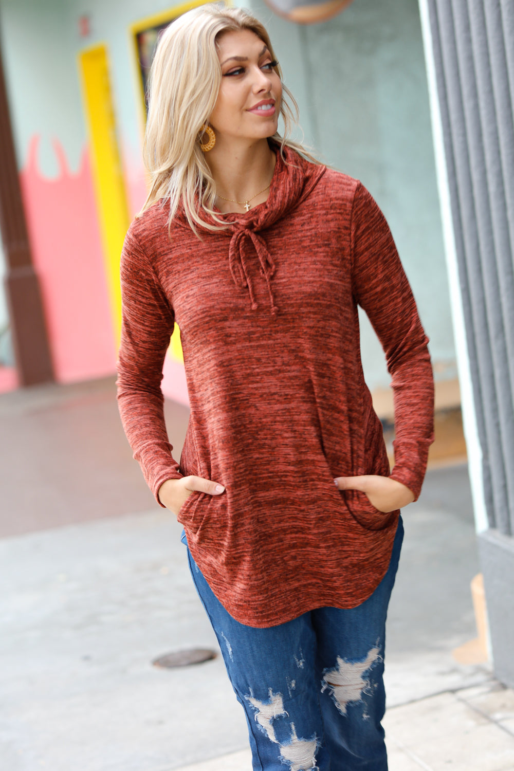 Cristiana | Rust colored cowl neck top with pockets
