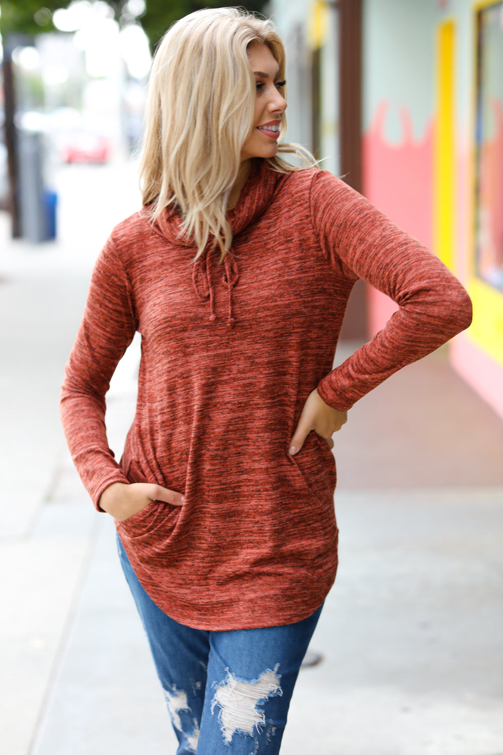 Cristiana | Rust colored cowl neck top with pockets