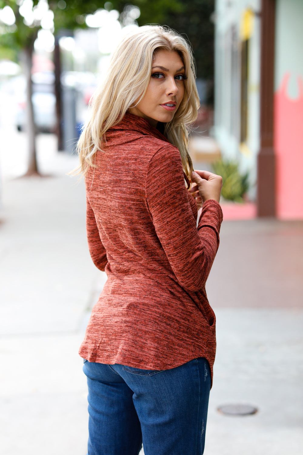 Cristiana | Rust colored cowl neck top with pockets