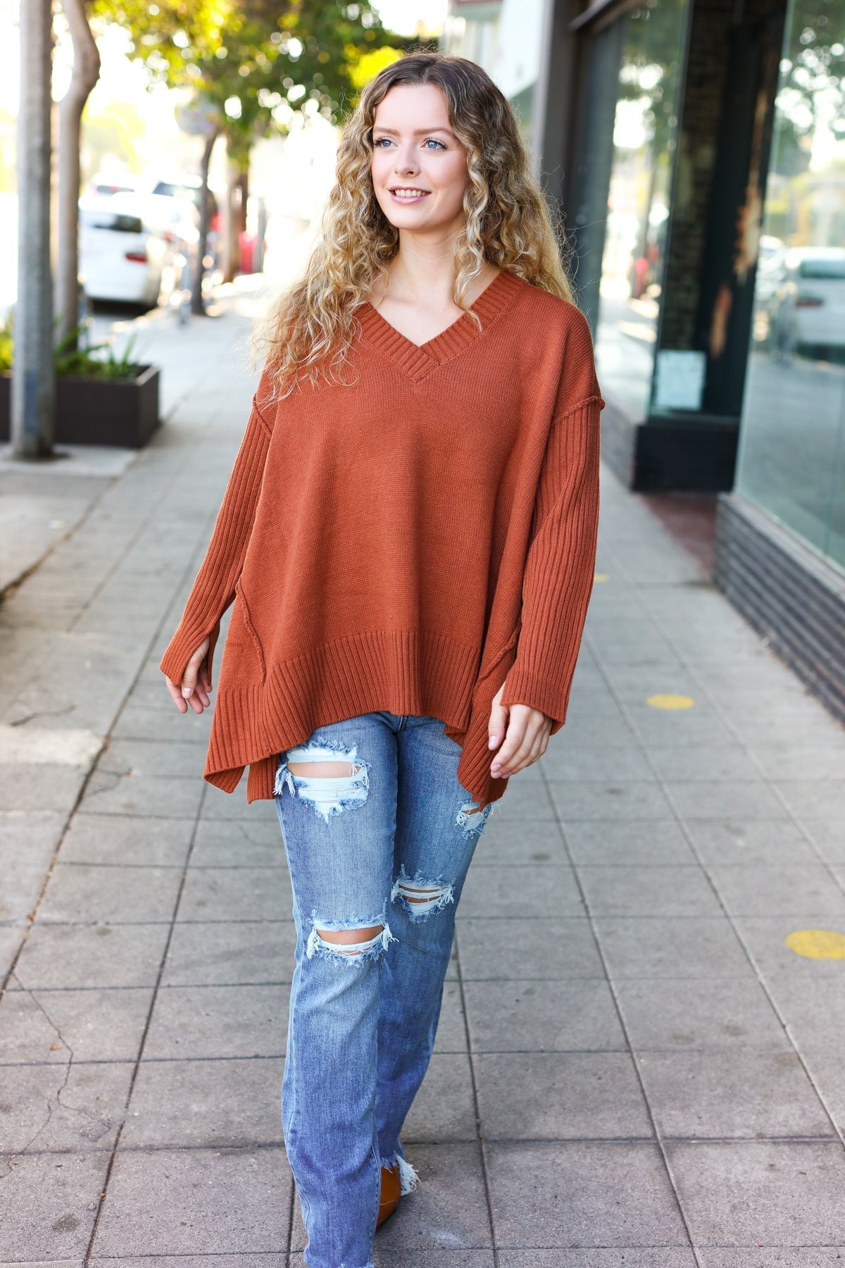 Amalia | Casual chic rust oversized rib knit V-neck sweater