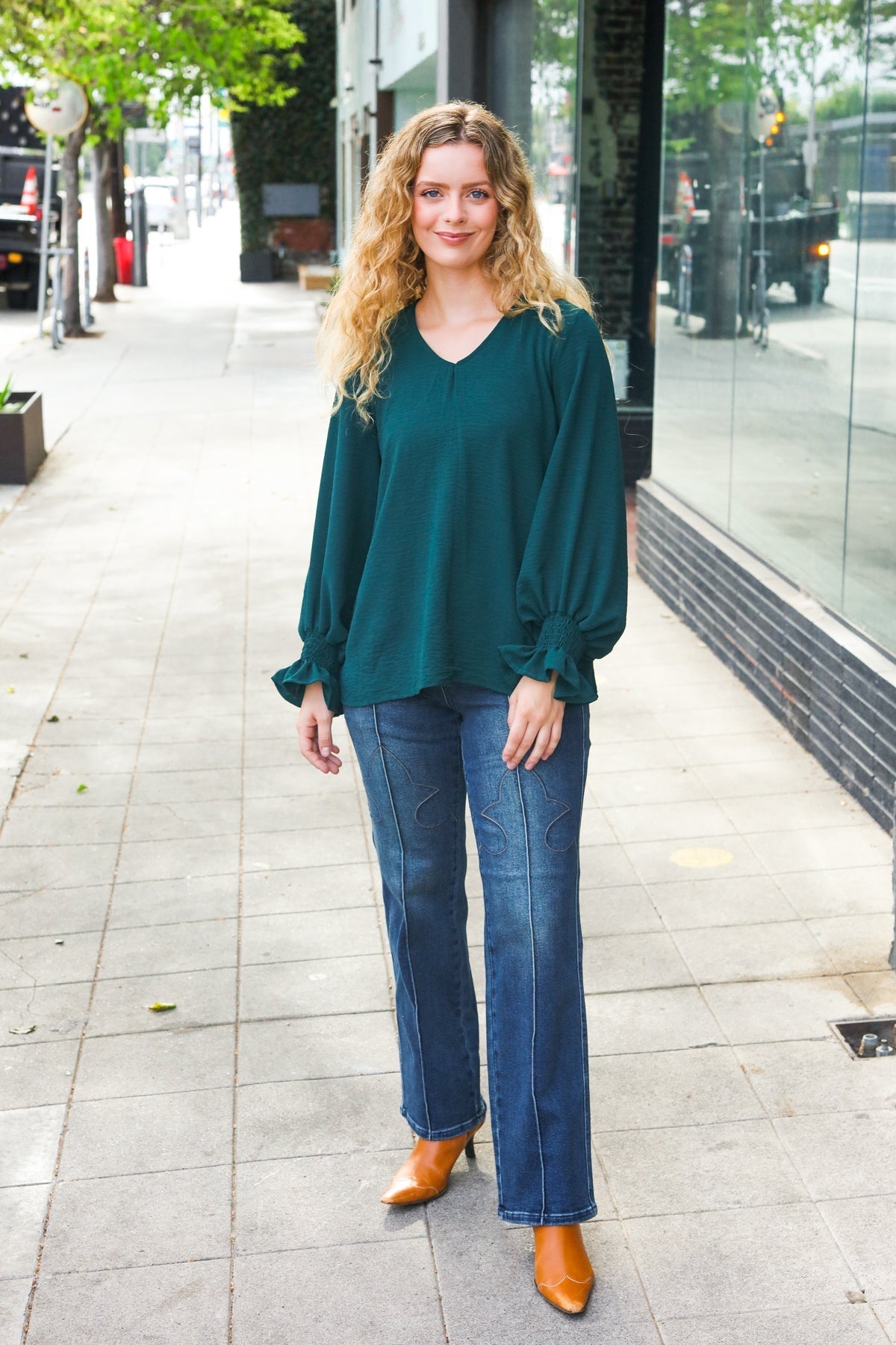 Nadine | Hello beautiful hunter green smocked woven top with bubble sleeves