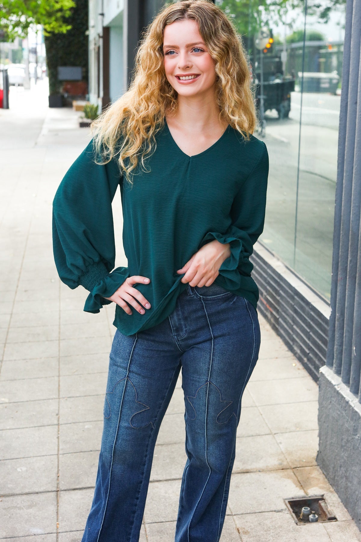 Nadine | Hello beautiful hunter green smocked woven top with bubble sleeves