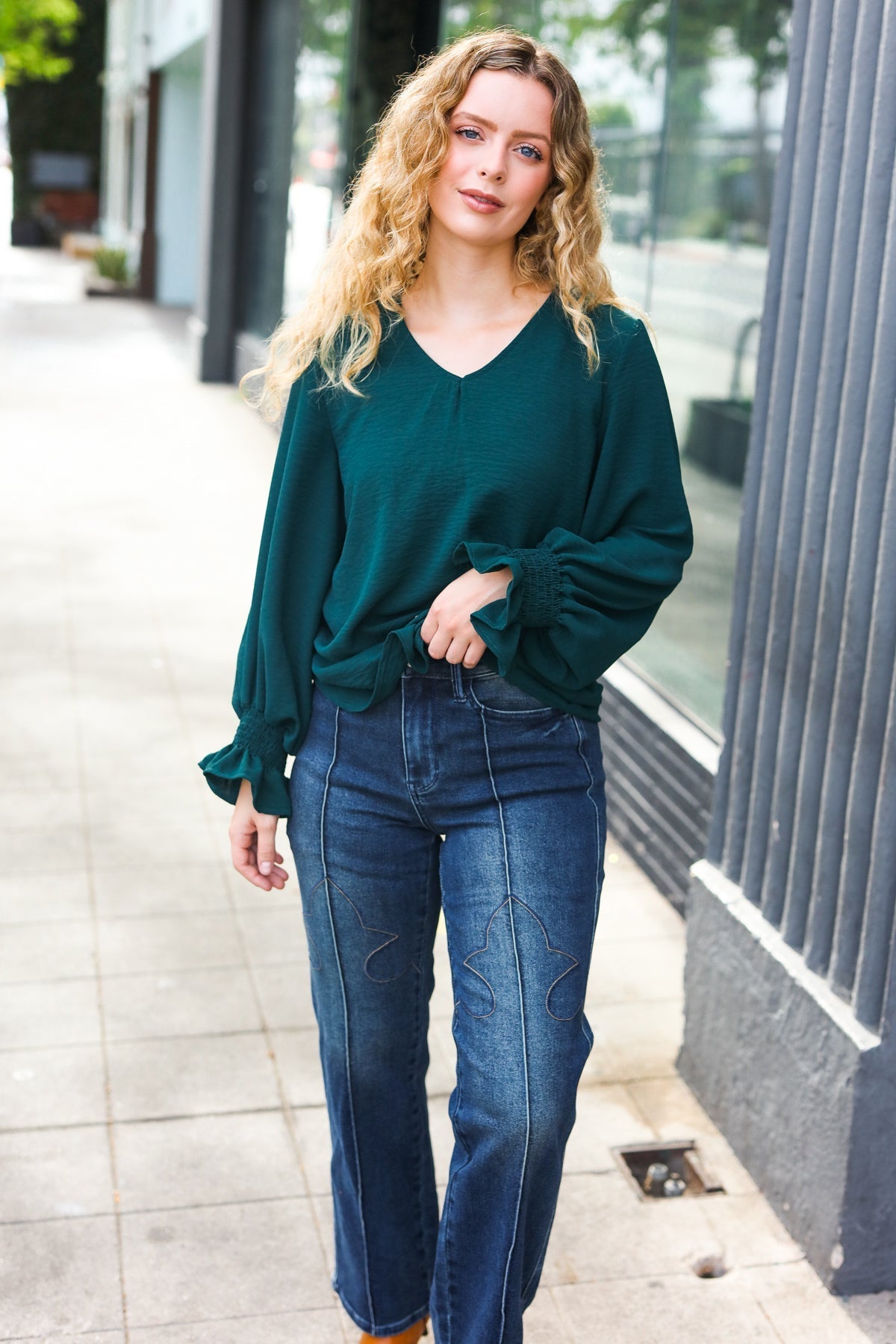 Nadine | Hello beautiful hunter green smocked woven top with bubble sleeves