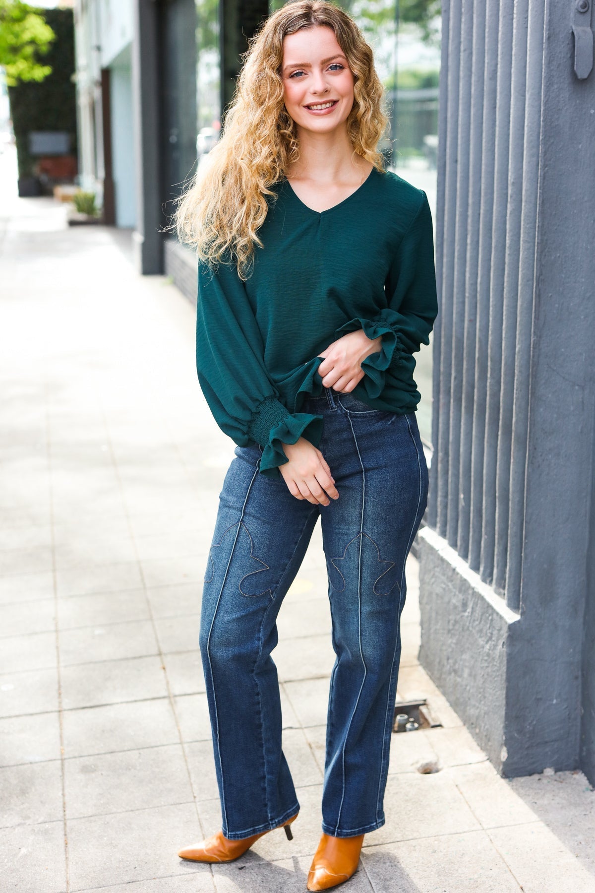 Nadine | Hello beautiful hunter green smocked woven top with bubble sleeves