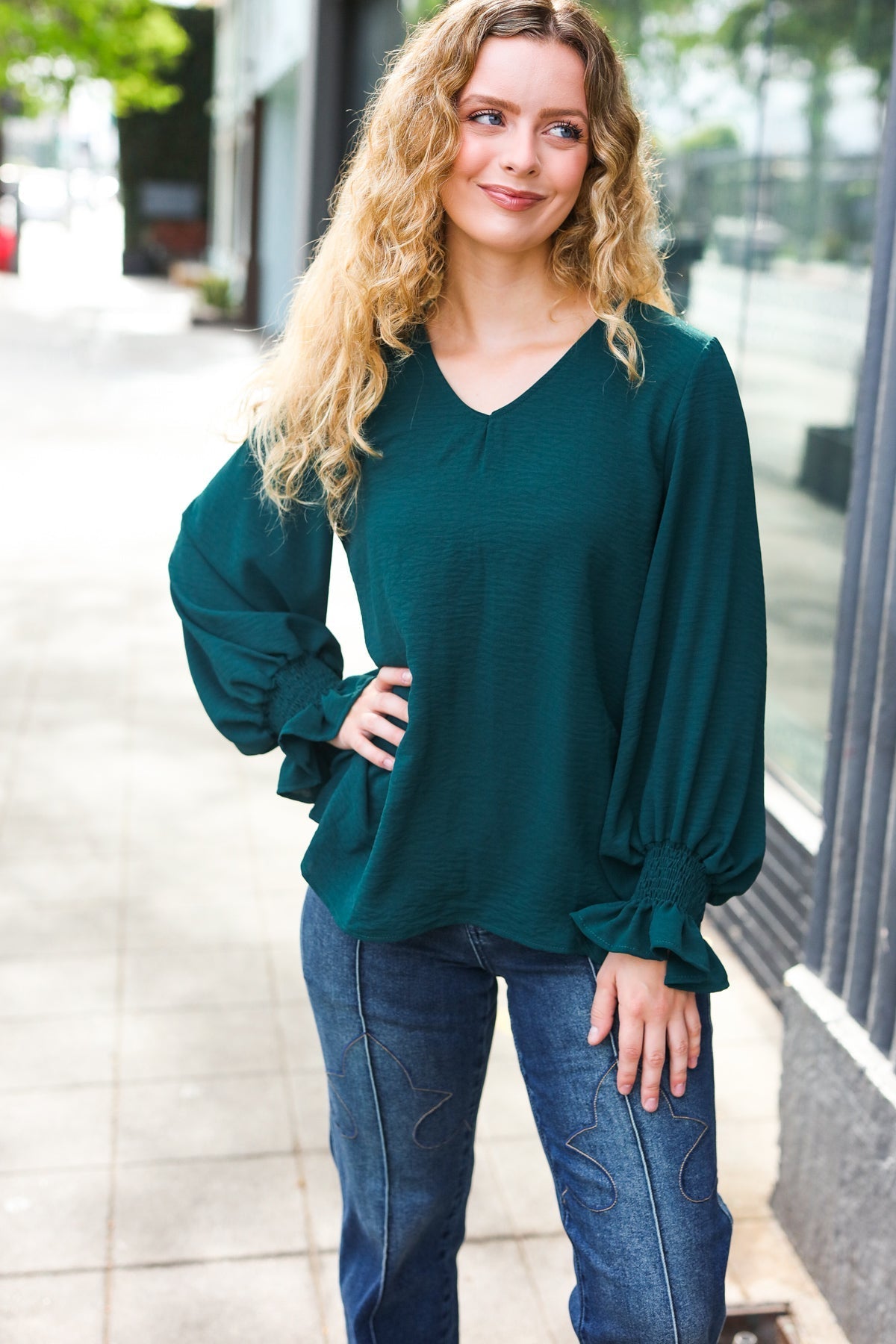 Nadine | Hello beautiful hunter green smocked woven top with bubble sleeves