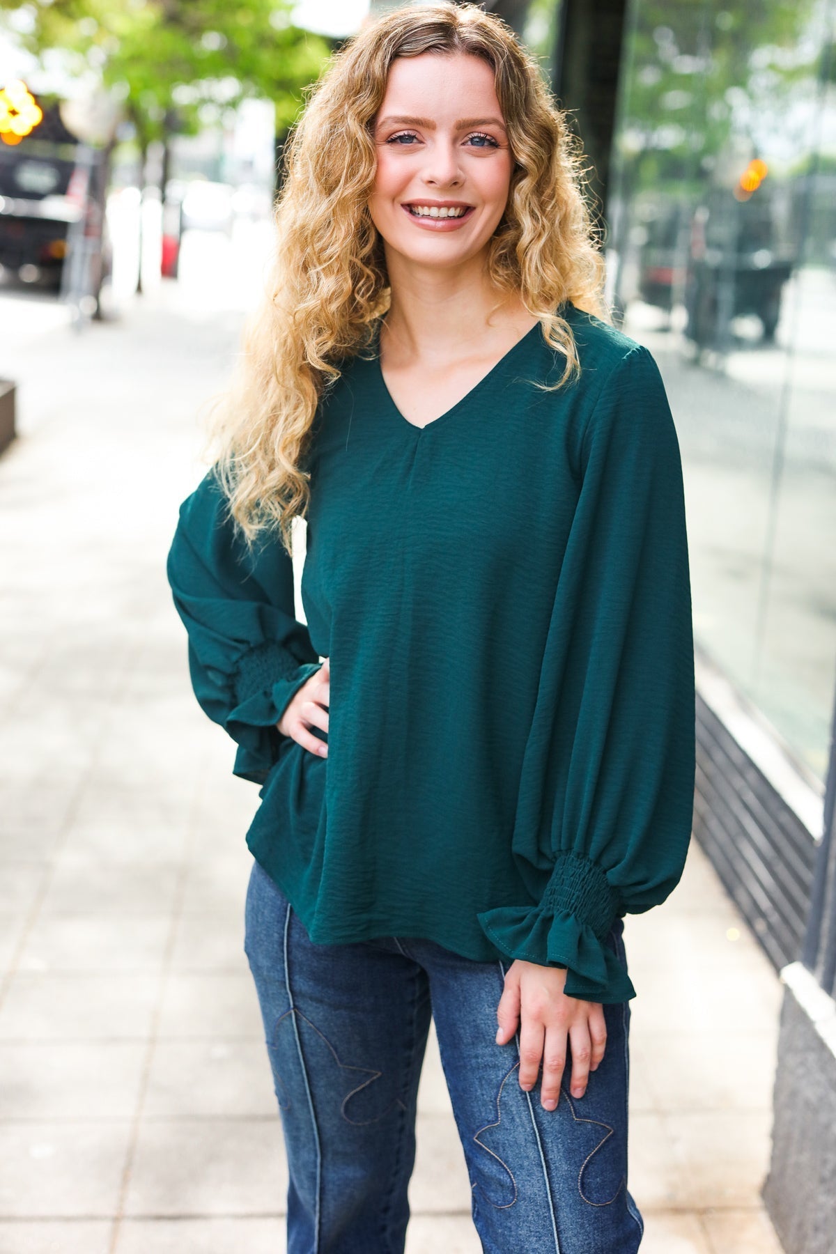 Nadine | Hello beautiful hunter green smocked woven top with bubble sleeves