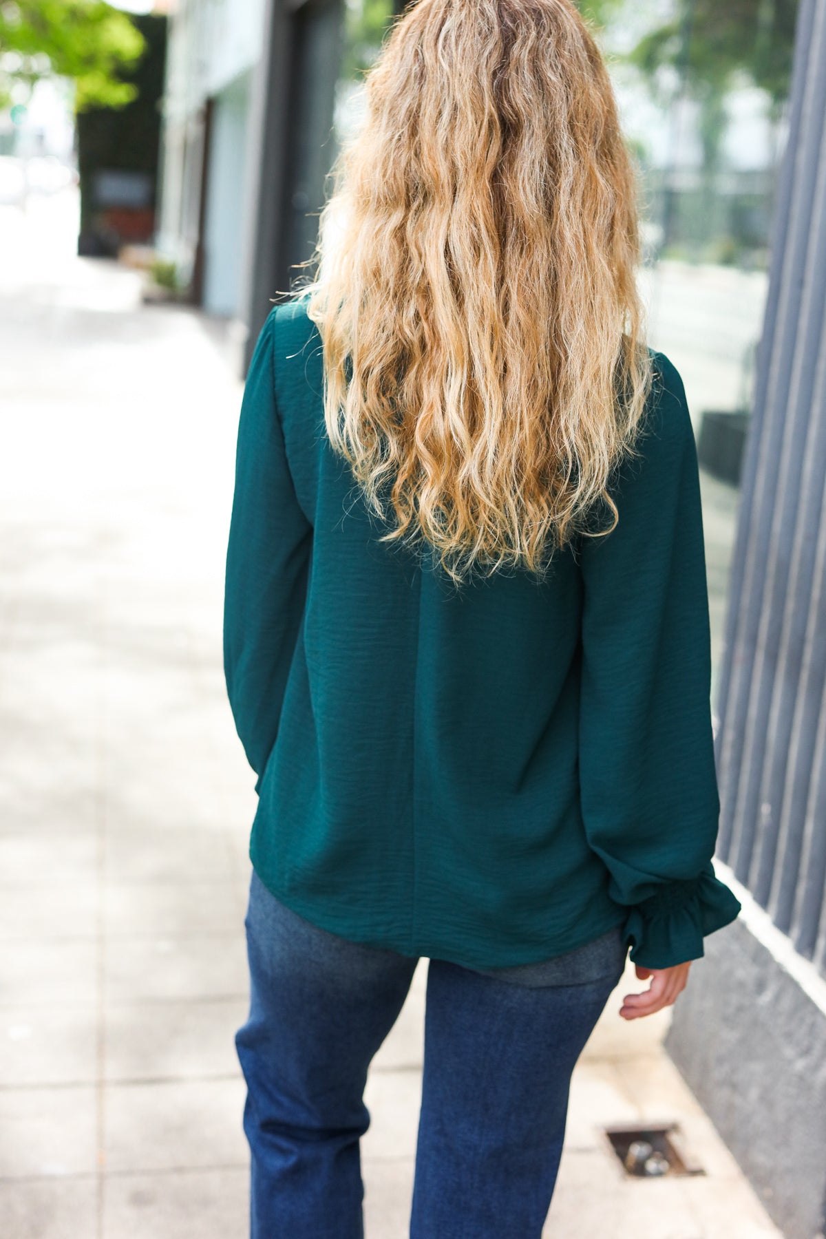 Nadine | Hello beautiful hunter green smocked woven top with bubble sleeves