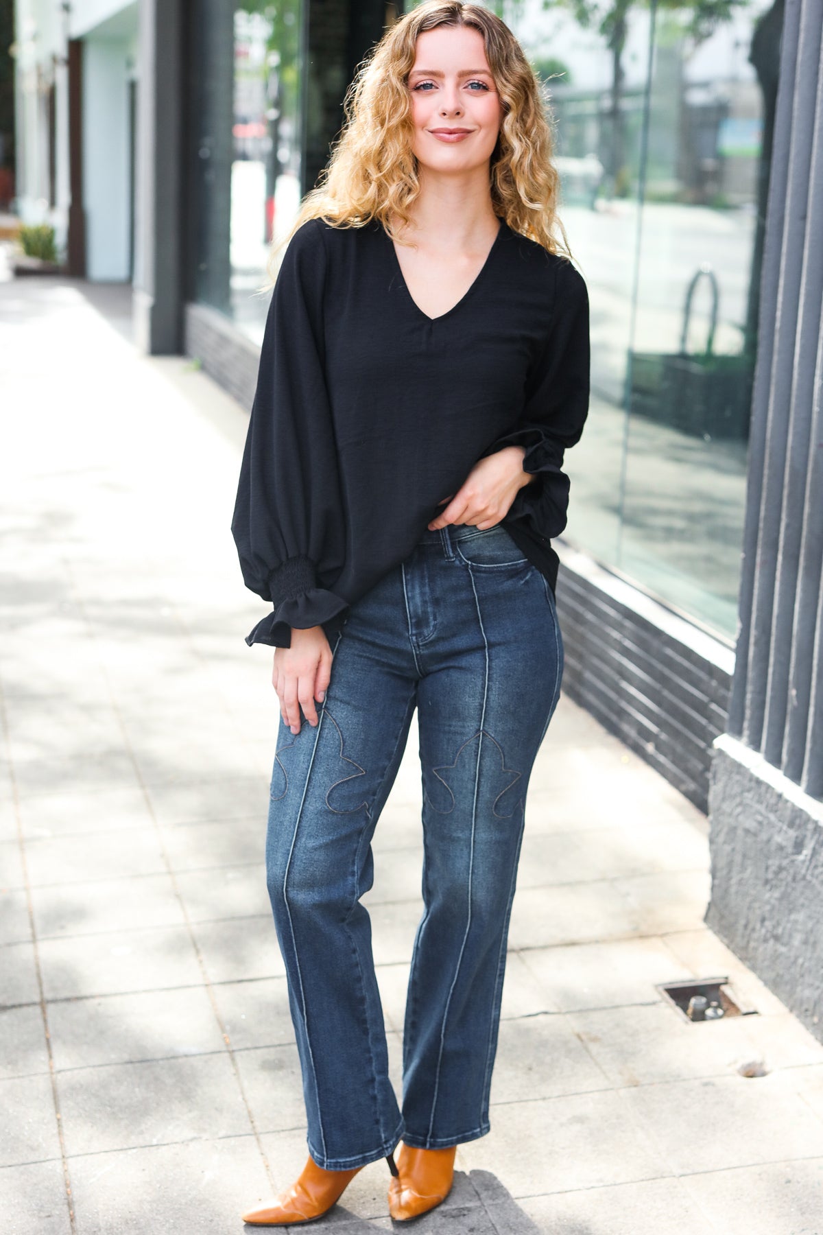 Tatiana | Hello beautiful black smocked woven top with bubble sleeves