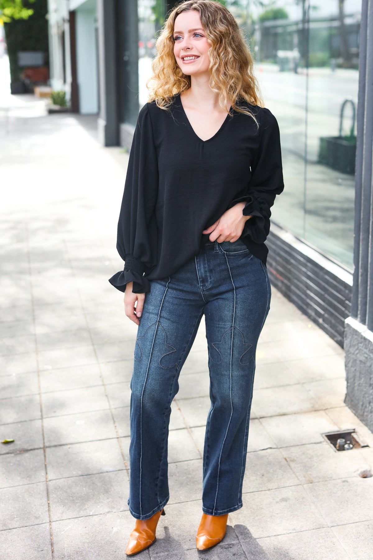 Tatiana | Hello beautiful black smocked woven top with bubble sleeves