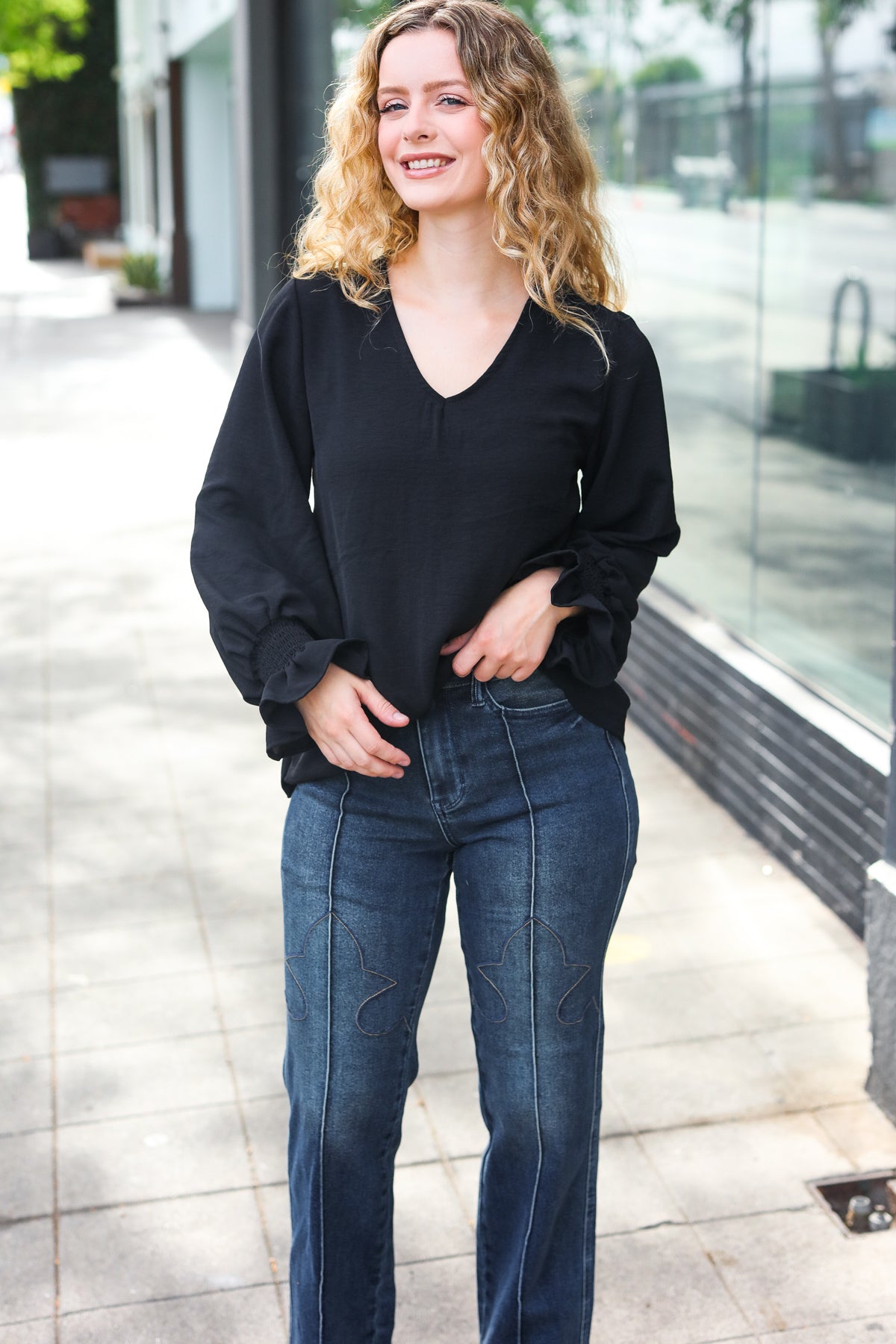 Tatiana | Hello beautiful black smocked woven top with bubble sleeves