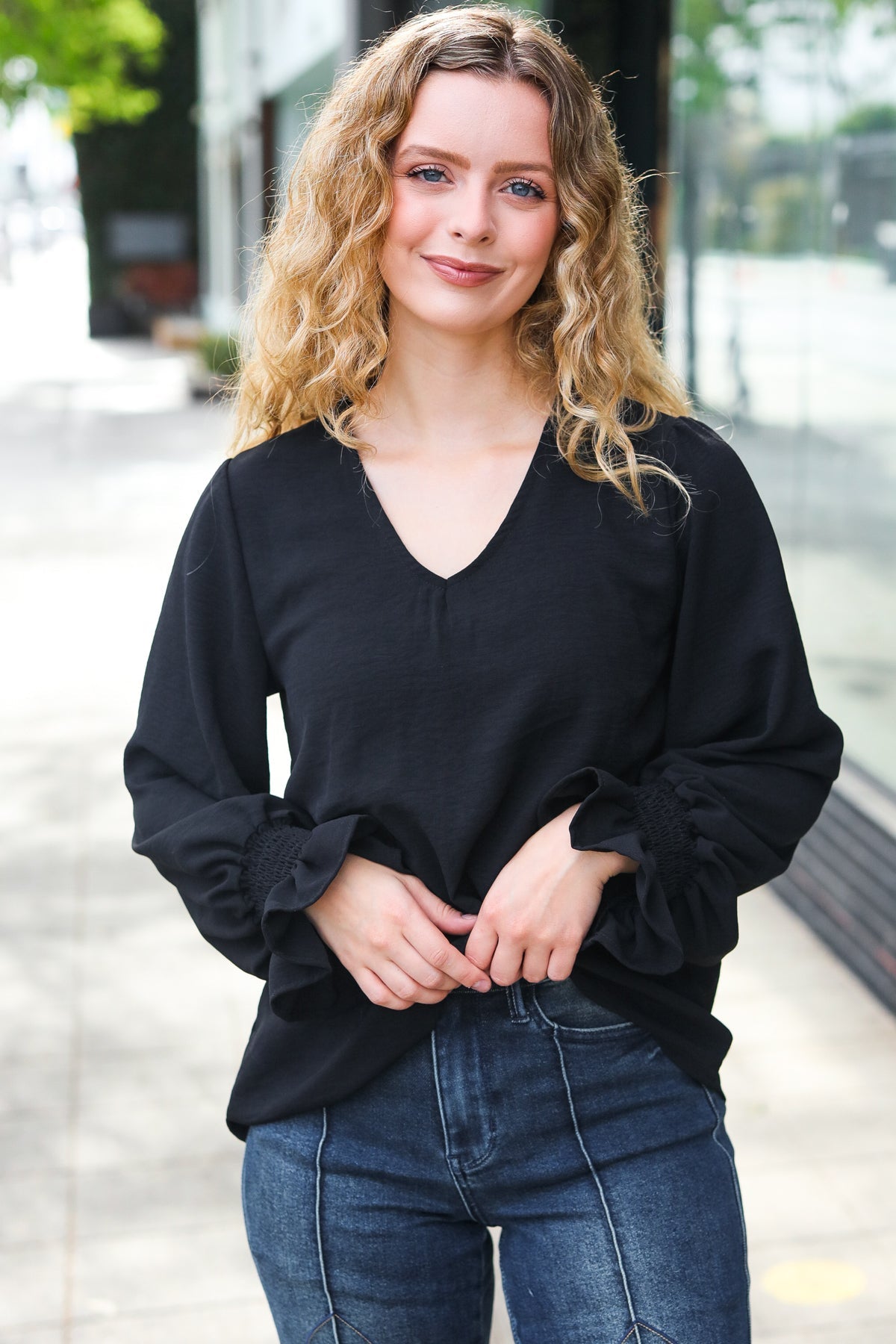 Tatiana | Hello beautiful black smocked woven top with bubble sleeves