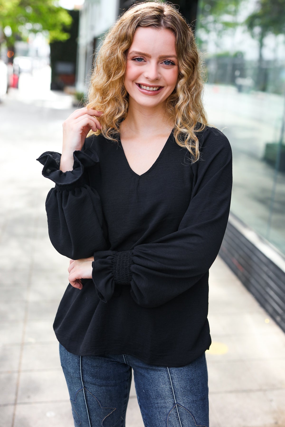 Tatiana | Hello beautiful black smocked woven top with bubble sleeves