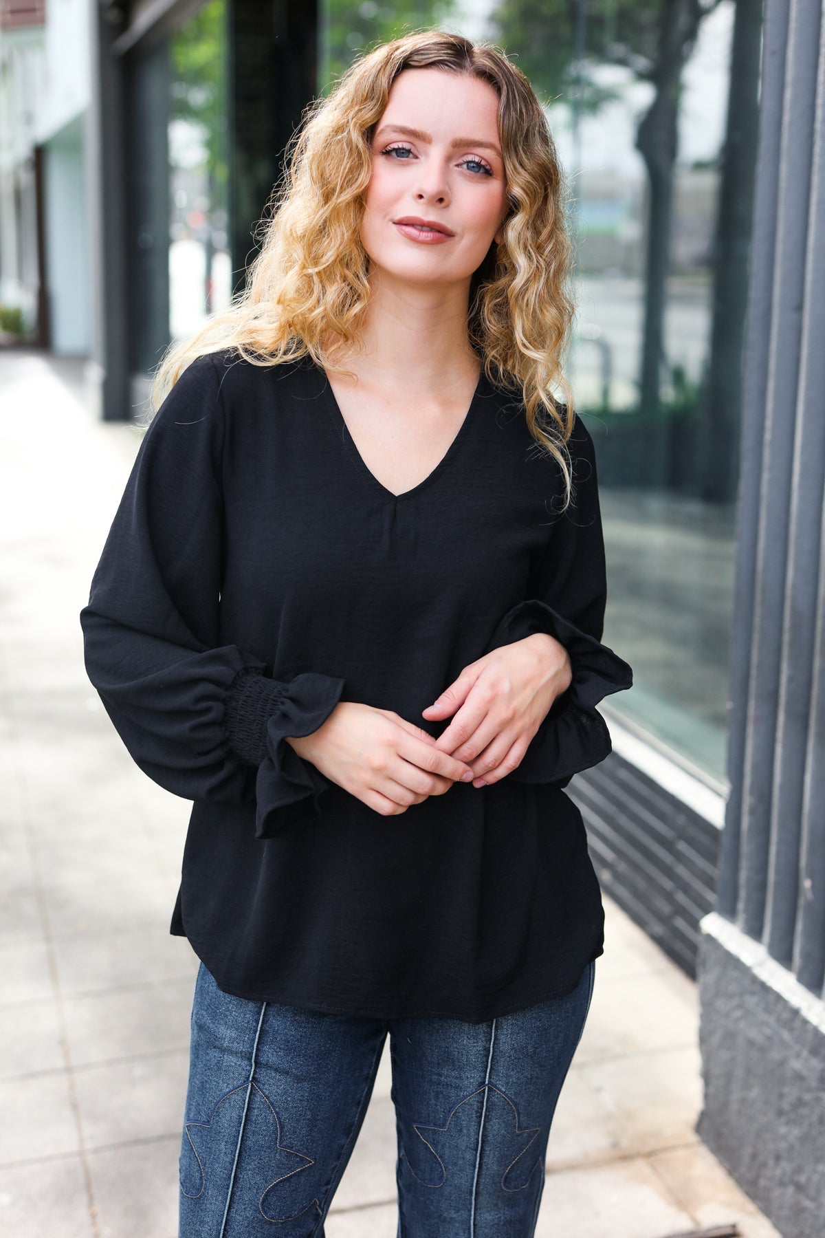 Tatiana | Hello beautiful black smocked woven top with bubble sleeves