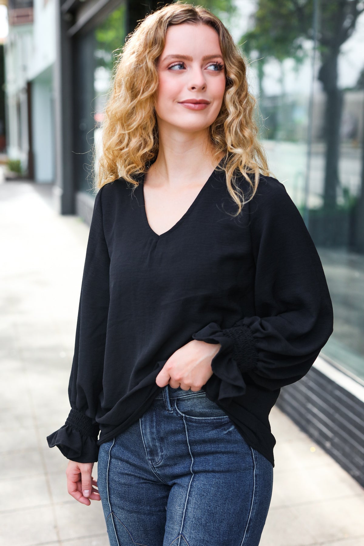 Tatiana | Hello beautiful black smocked woven top with bubble sleeves